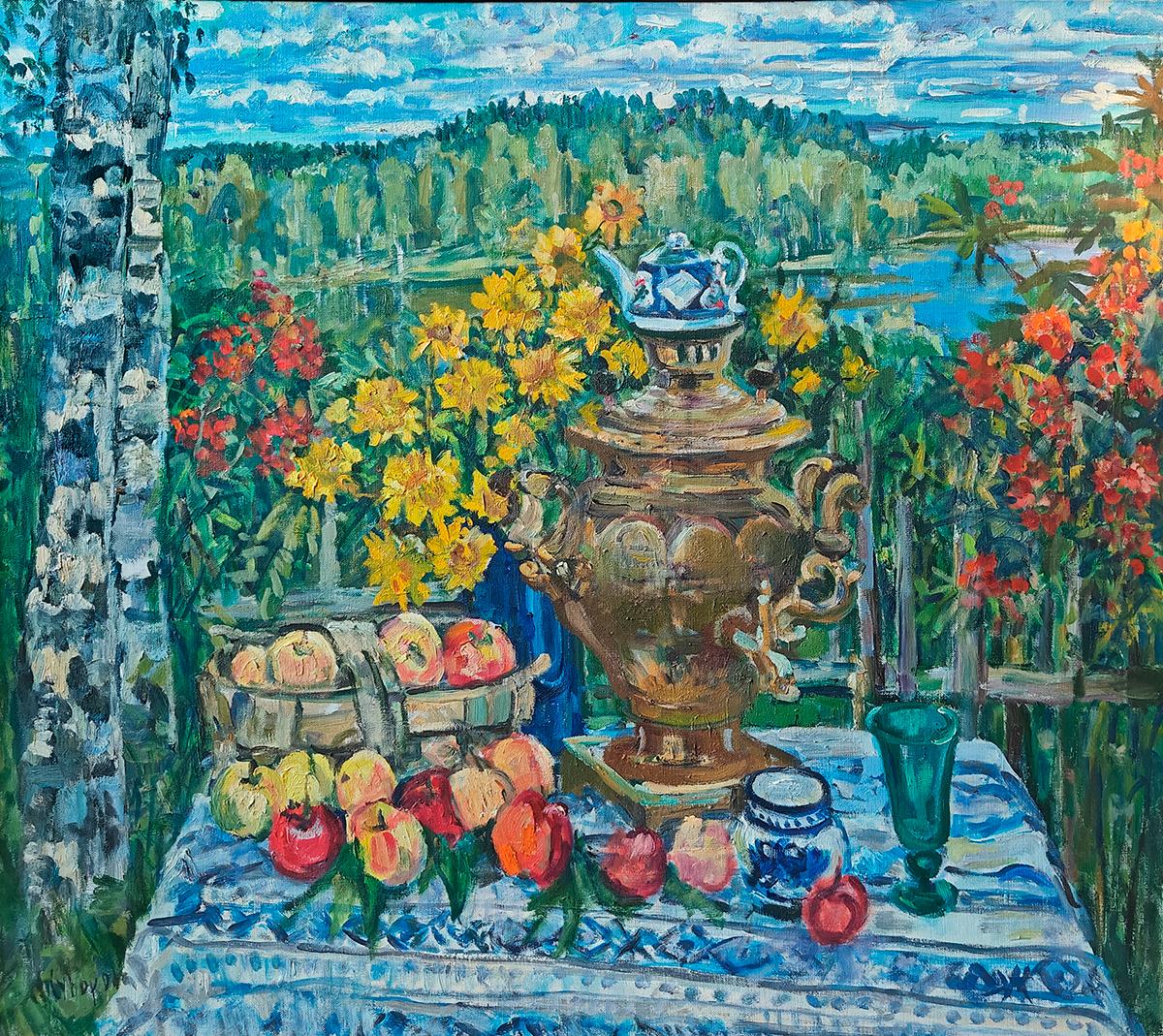 натюрморт у озера с самоваром  2018 г. Original modern art painting
