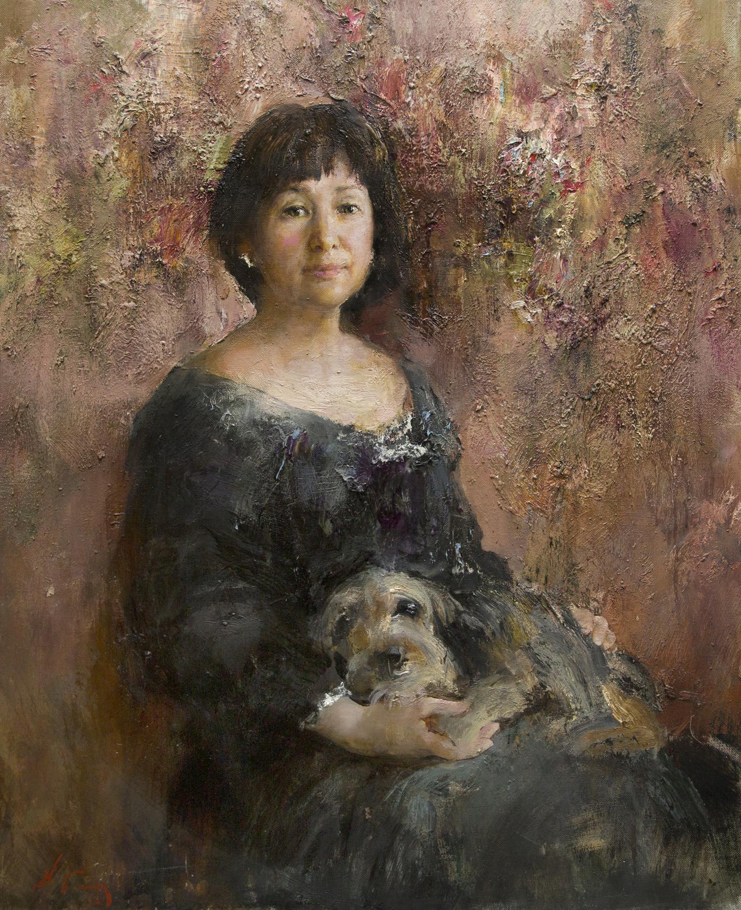 Portrait with a dog. Original modern art painting