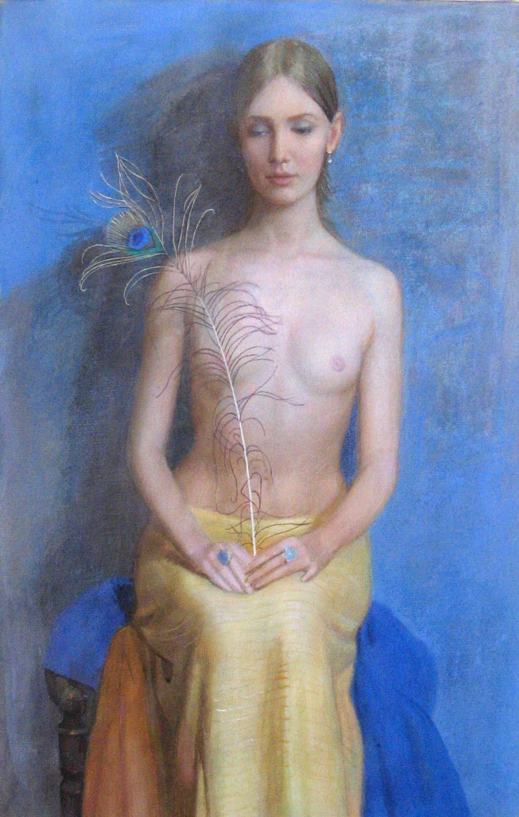 Girl with peacock feather. Original modern art painting