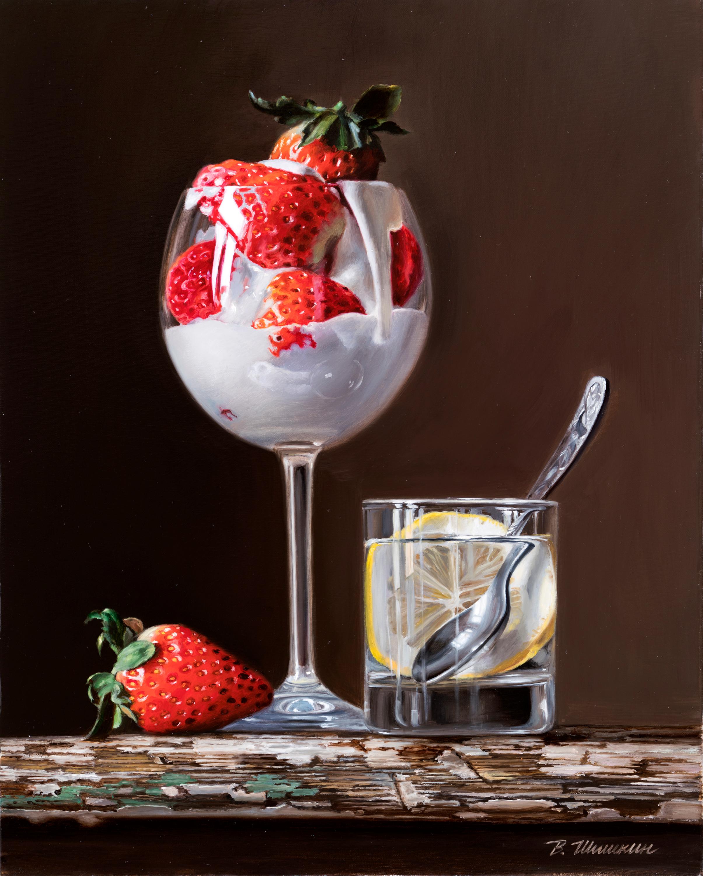 Strawberry with cream. Original modern art painting