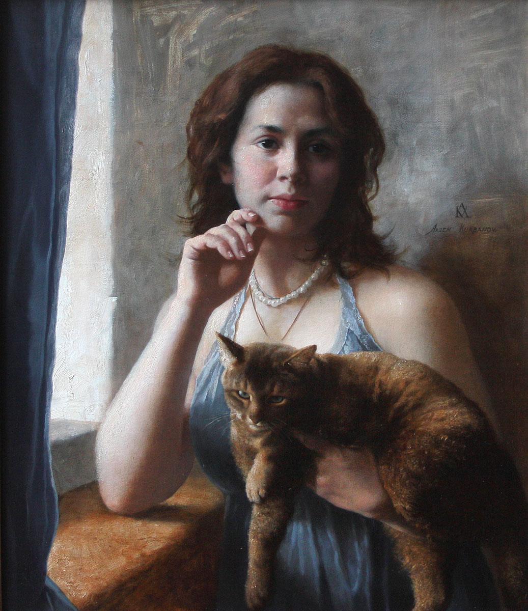 女人与一只猫. Original modern art painting