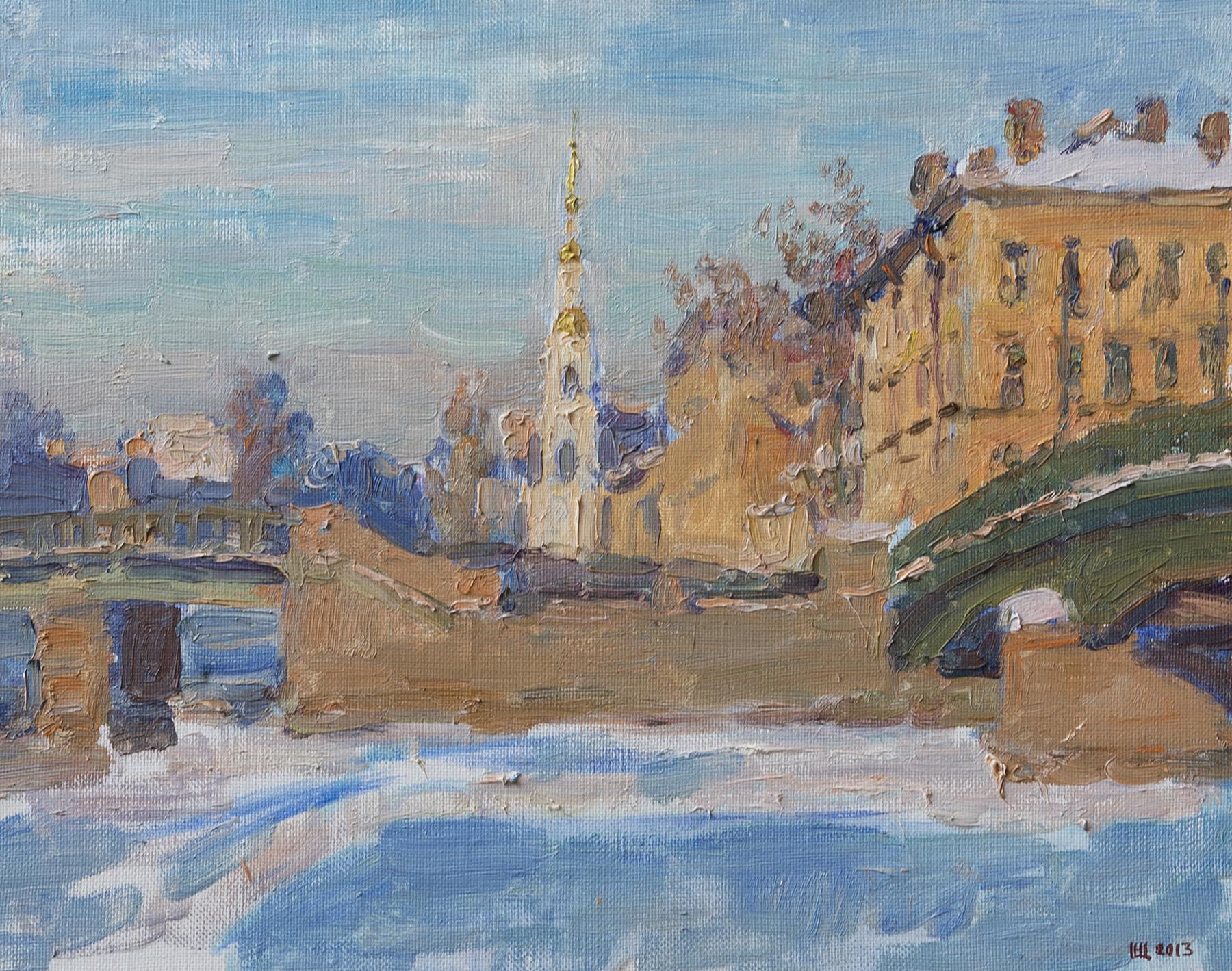 bell tower of St. Nicholas Cathedral in winter. Original modern art painting