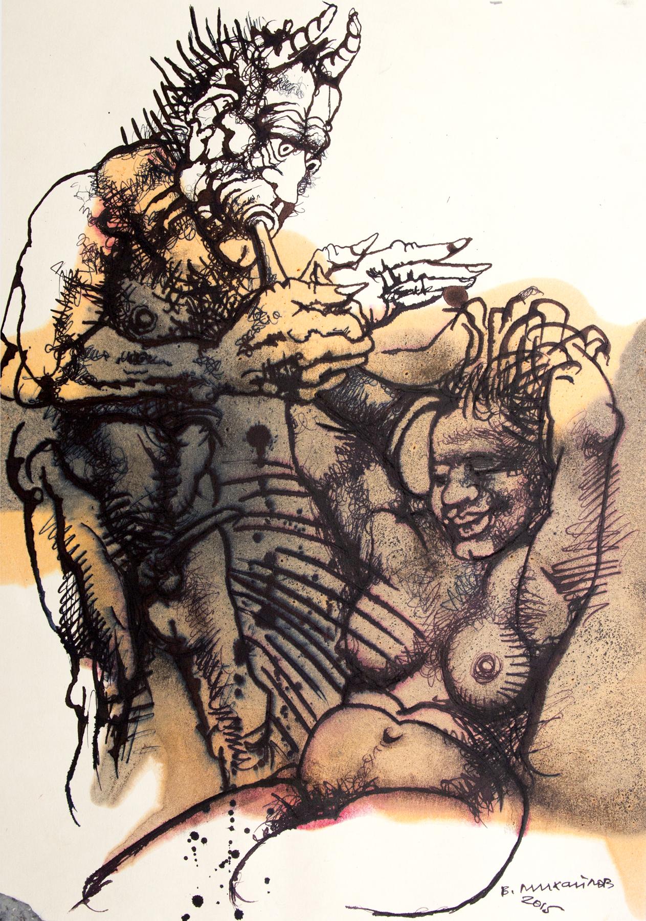 Satir and nymph. Original modern art painting