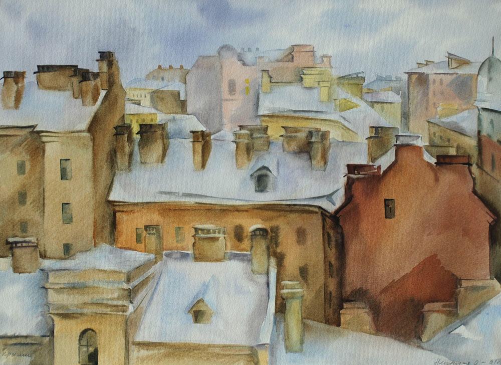 屋顶. 旧城. Original modern art painting