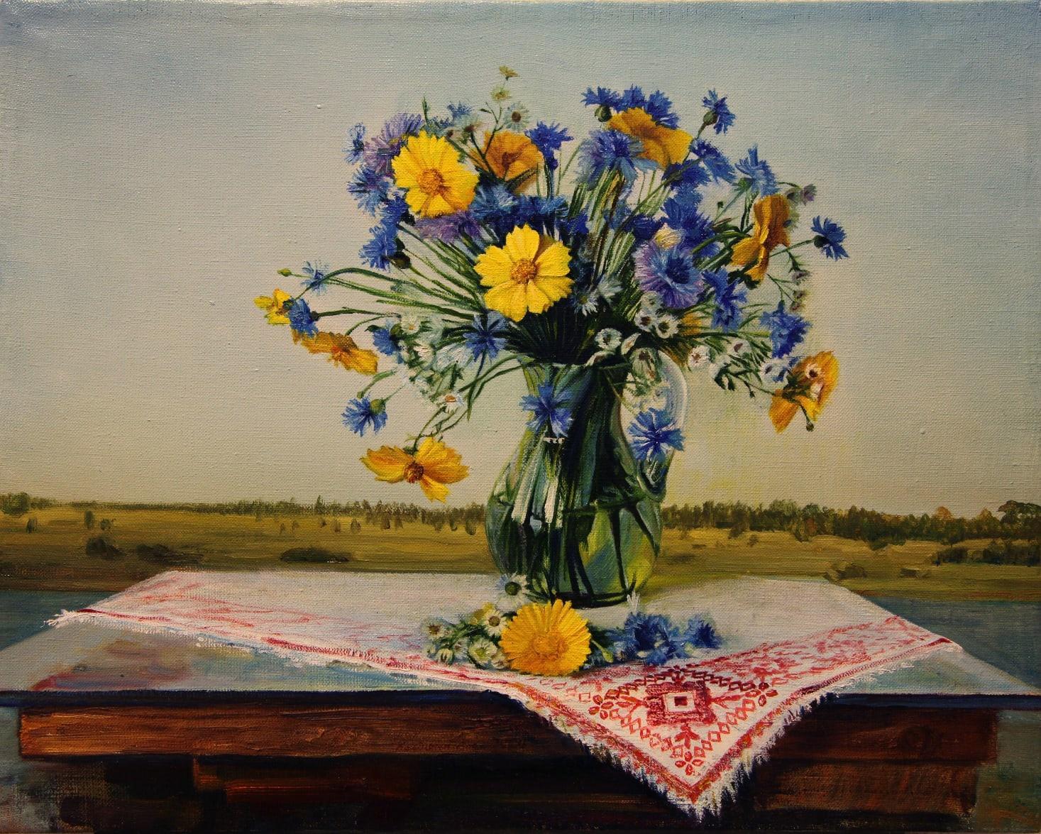 Coreopsises and cornflowers. 2020. Original modern art painting