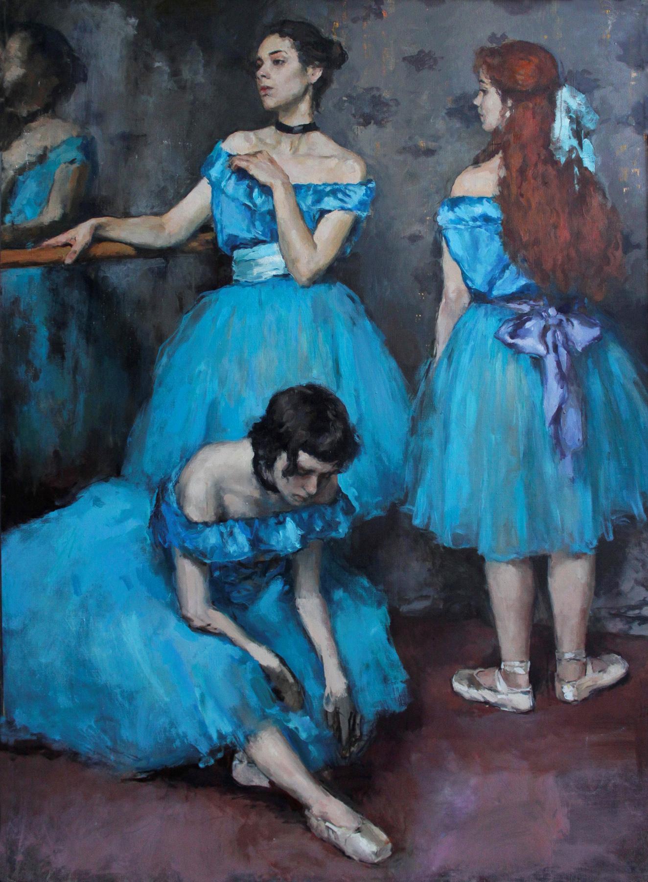 Ballerinas in blue. Original modern art painting