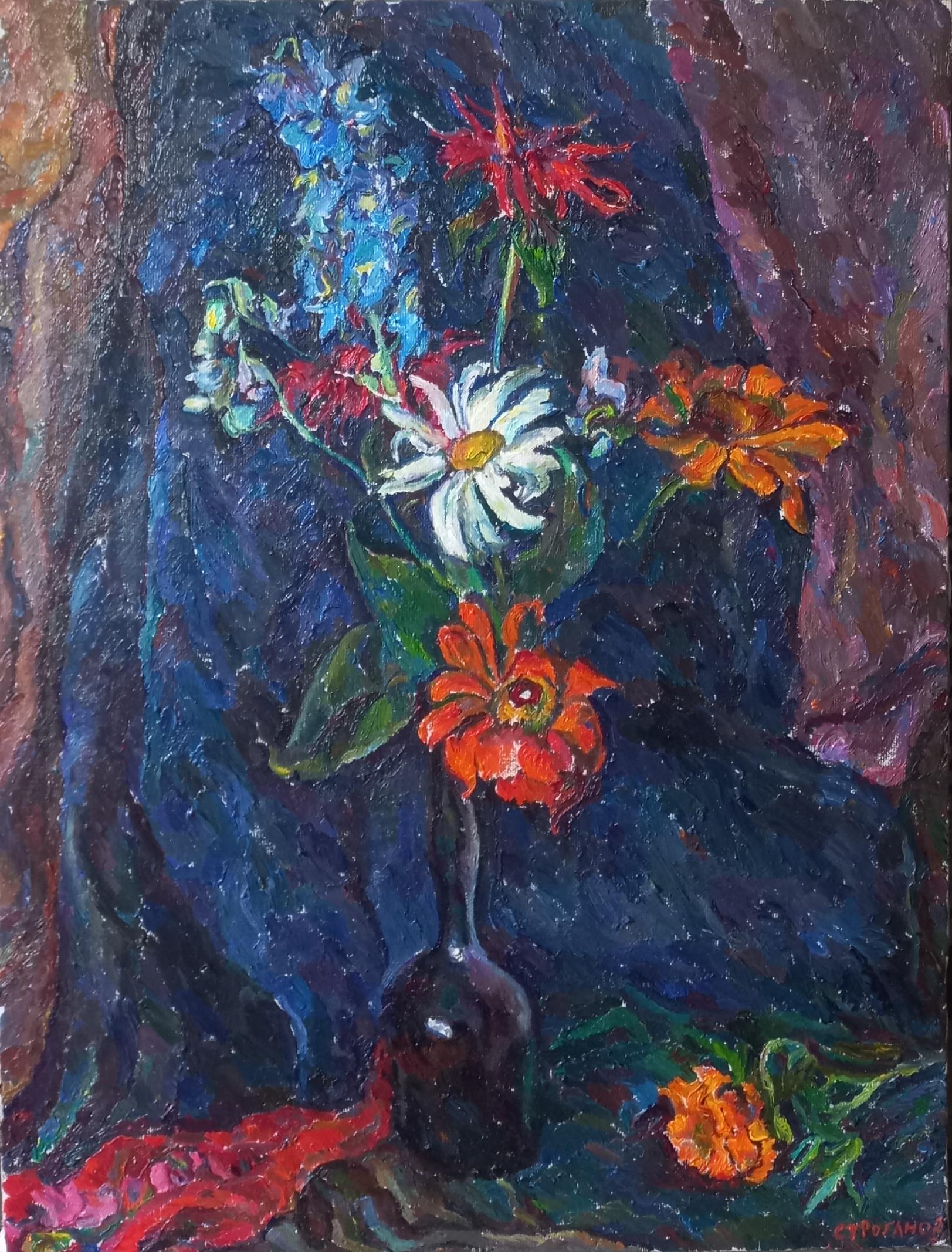 The garden flowers in an old bottle. Original modern art painting