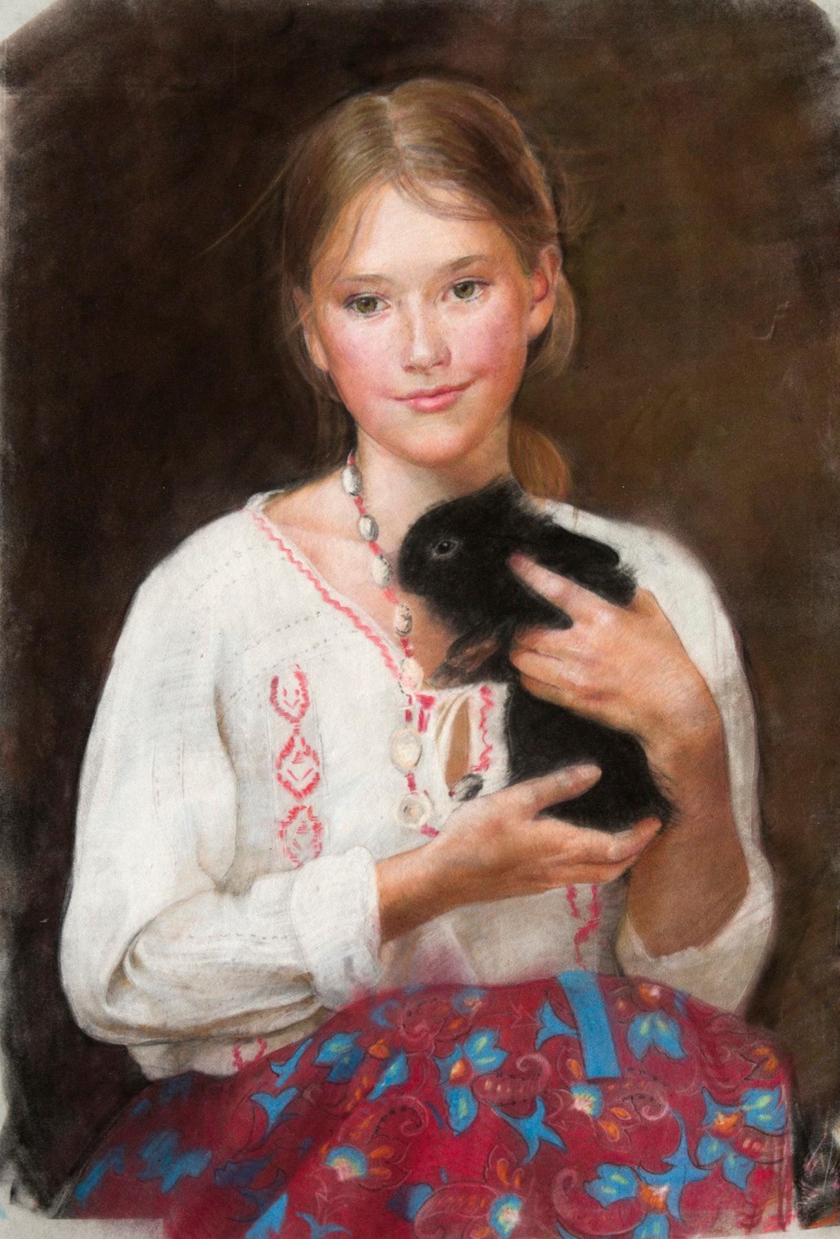 女孩与兔子. Original modern art painting