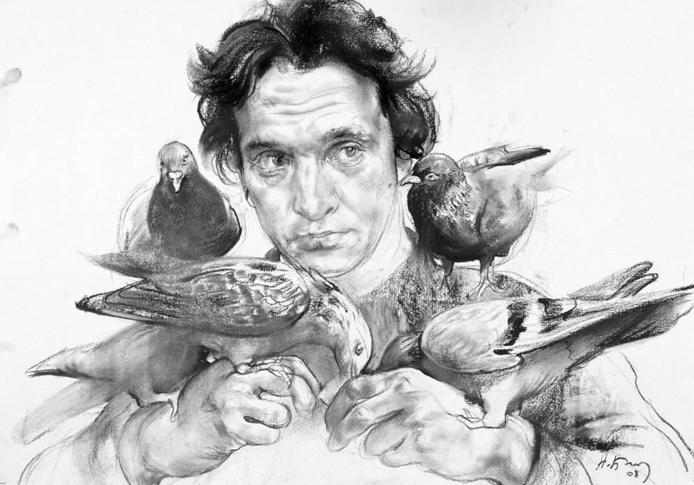 Self-portrait with doves. Original modern art painting