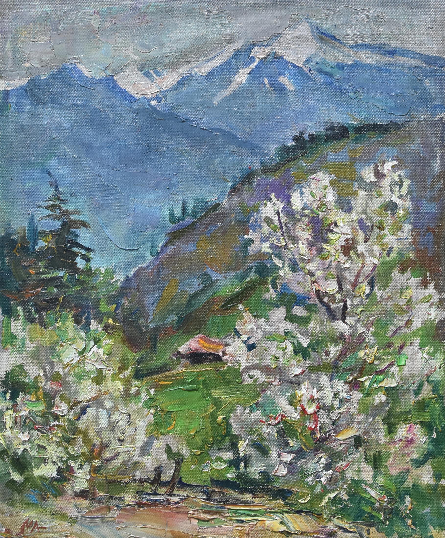 Spring at the mountains. Original modern art painting