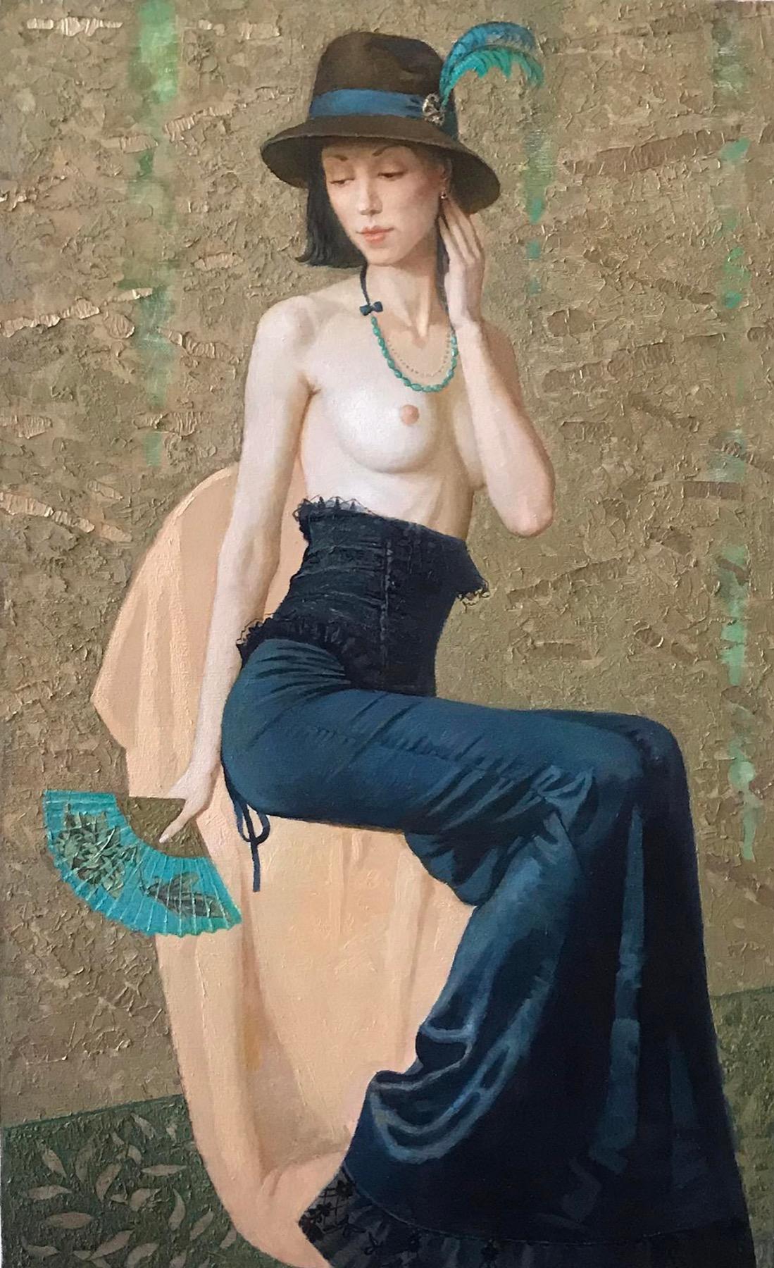 Girl with a fan. Original modern art painting