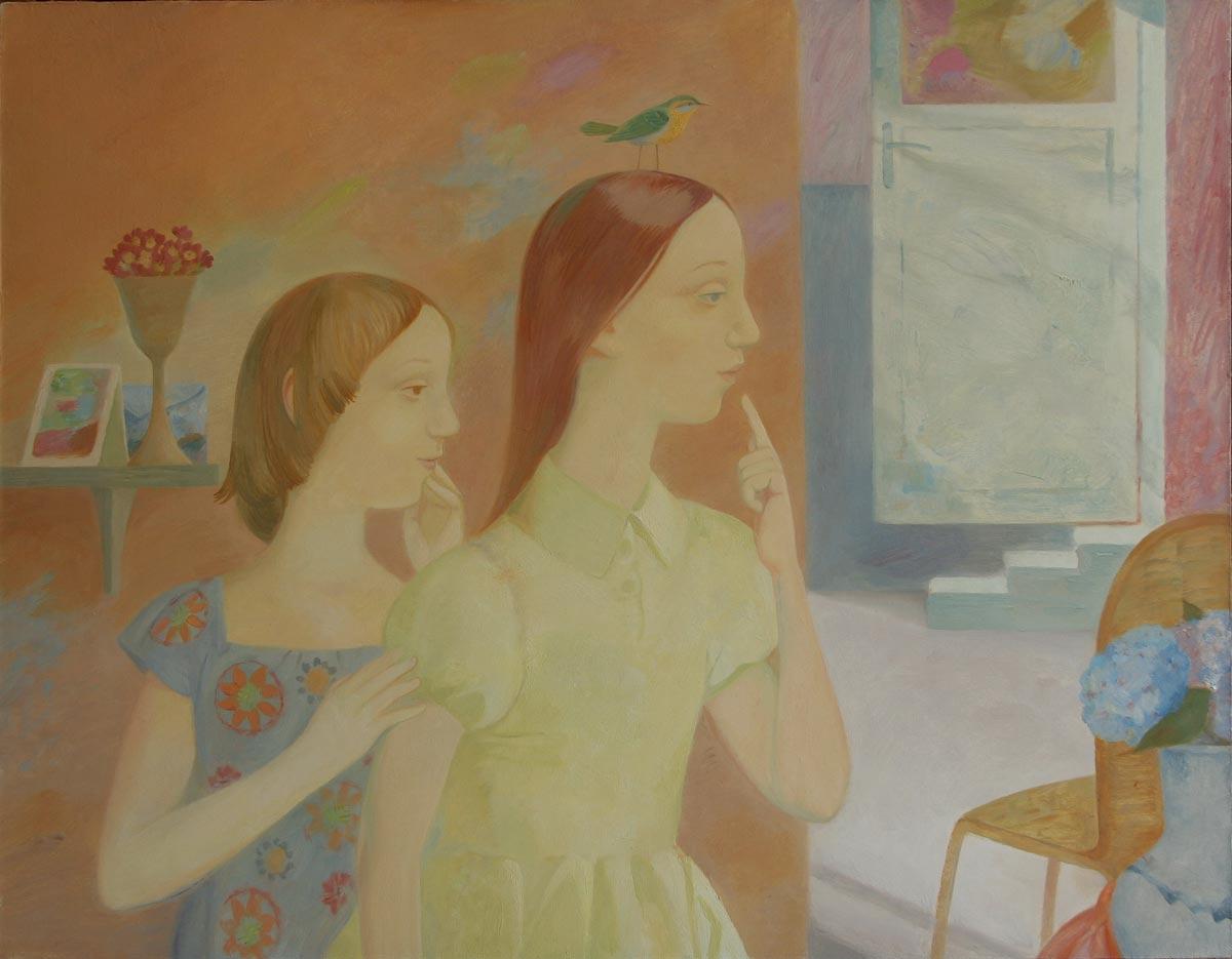 hide-and-seek in yellow room. Original modern art painting
