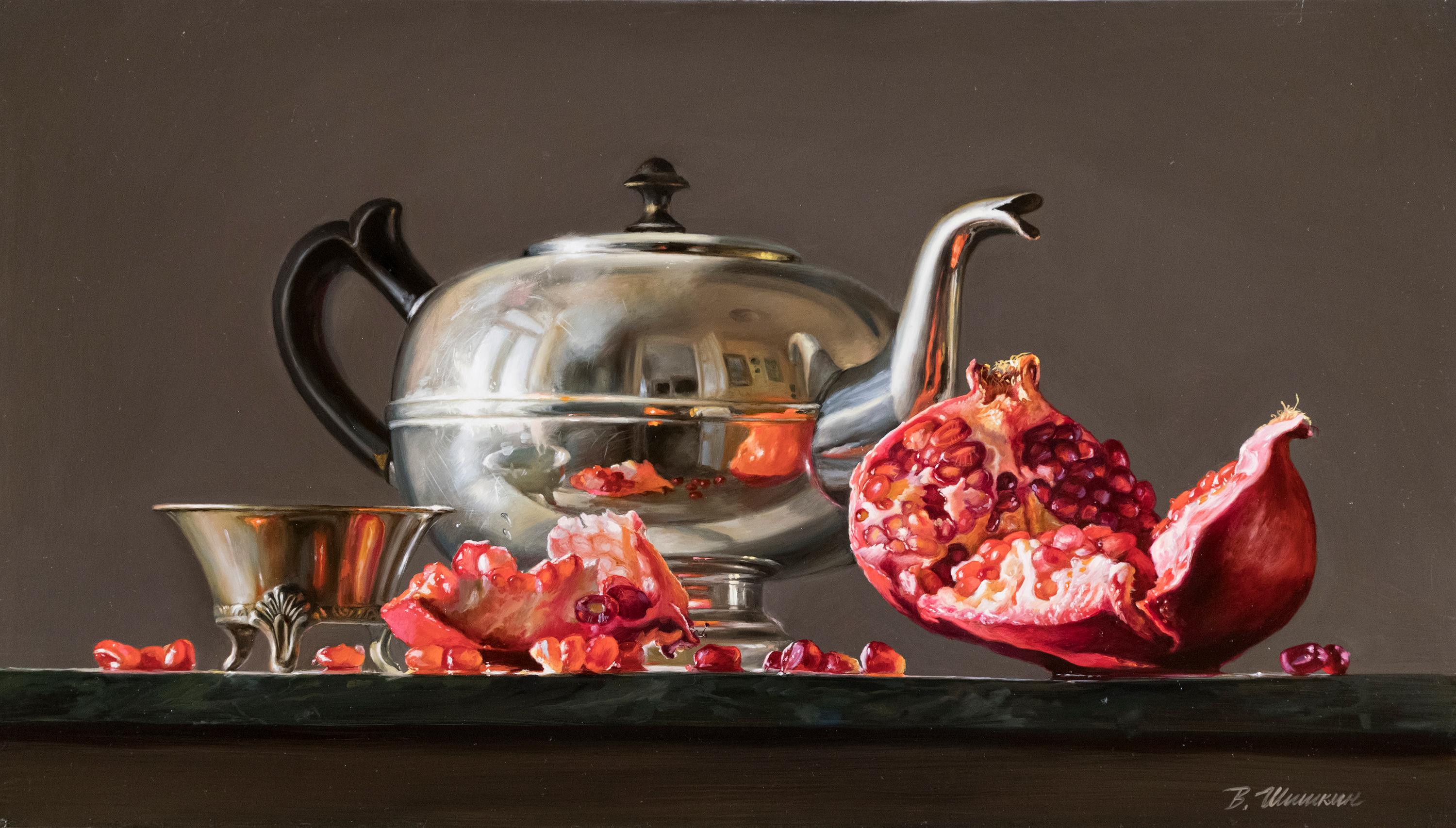 Kettle with pomegranate. Original modern art painting