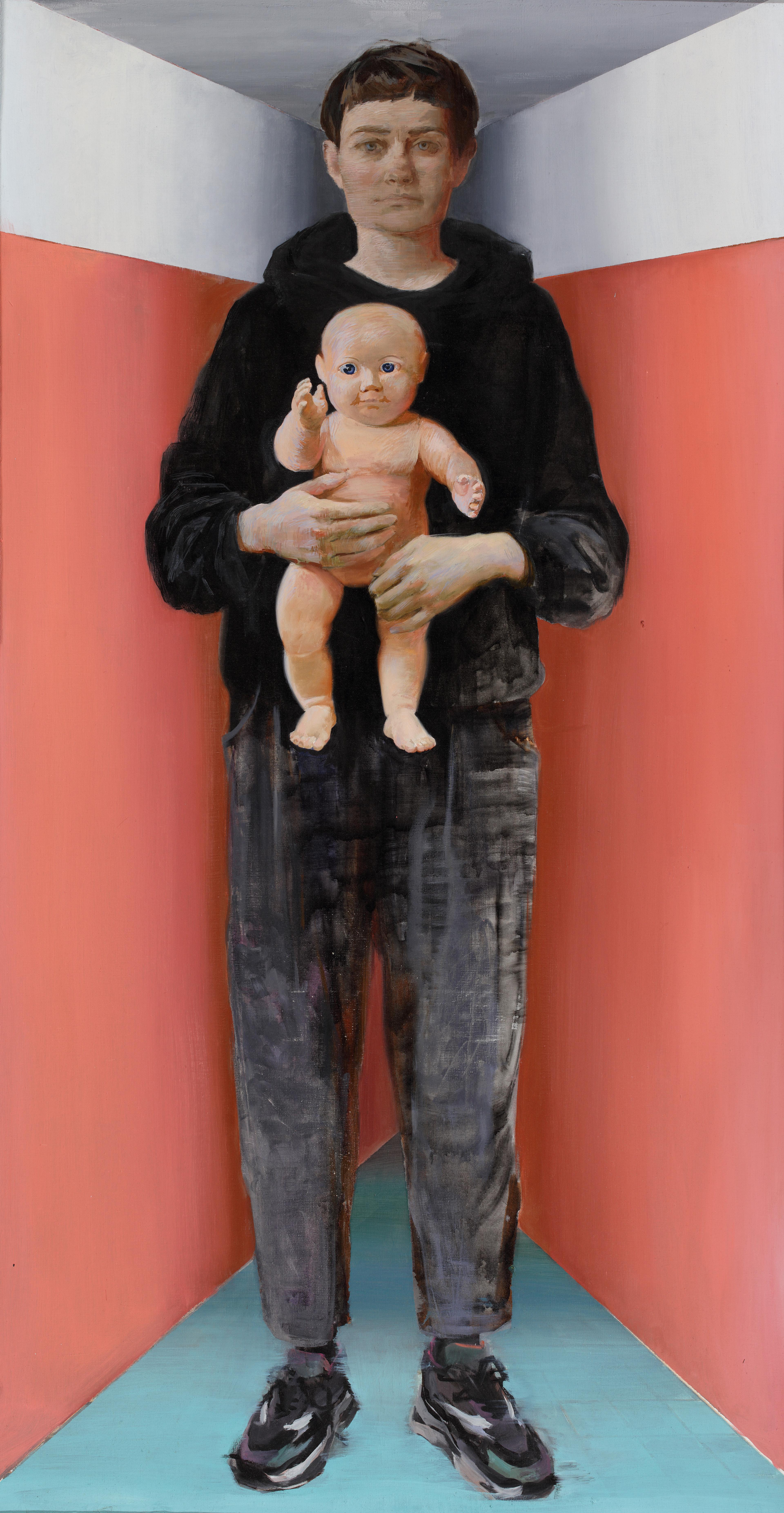 Madonna with a plastic baby. Original modern art painting