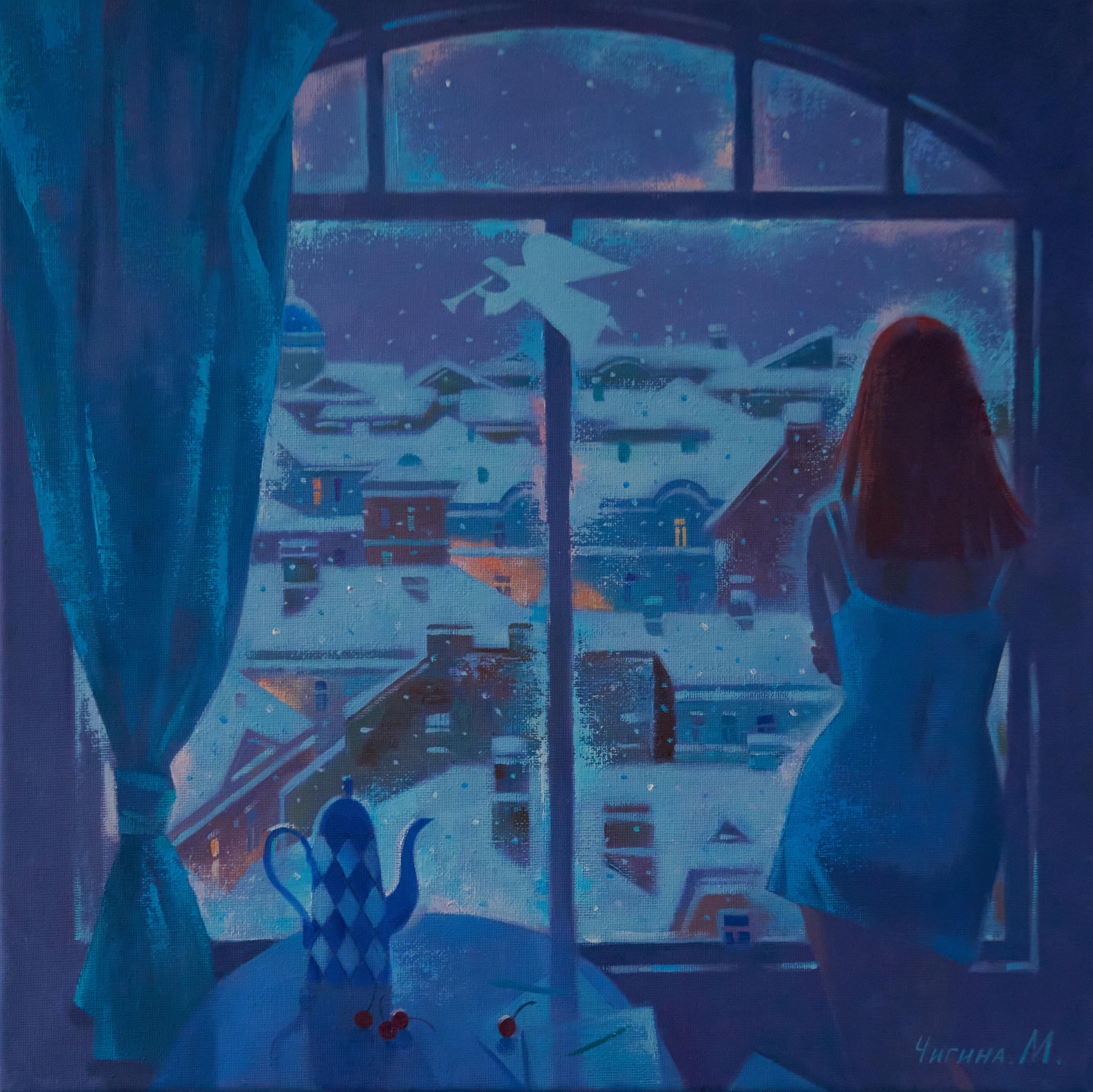 Angel over the city . Original modern art painting