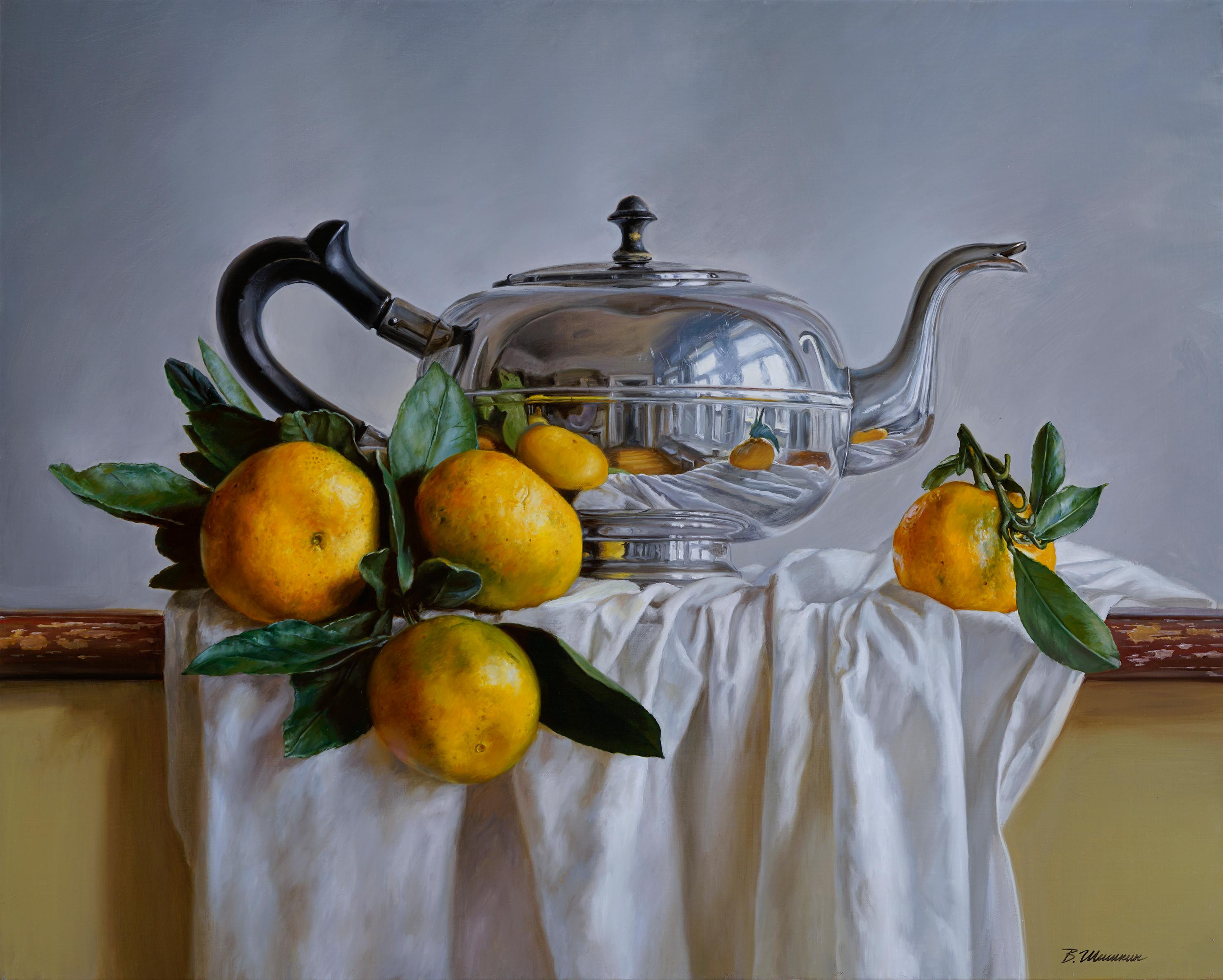 Kettle with tangerines. Original modern art painting