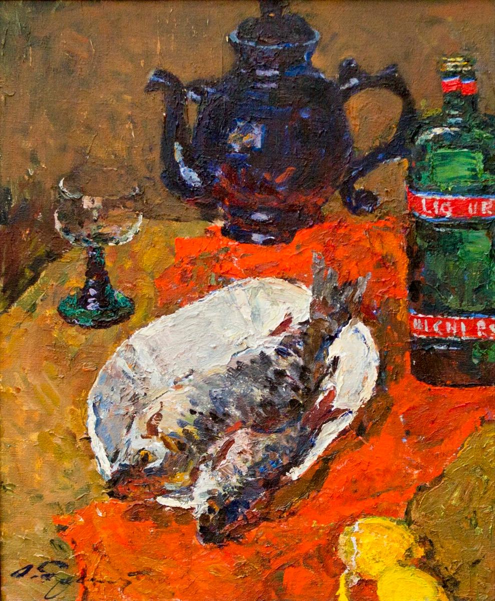 Still life with a fish. Original modern art painting