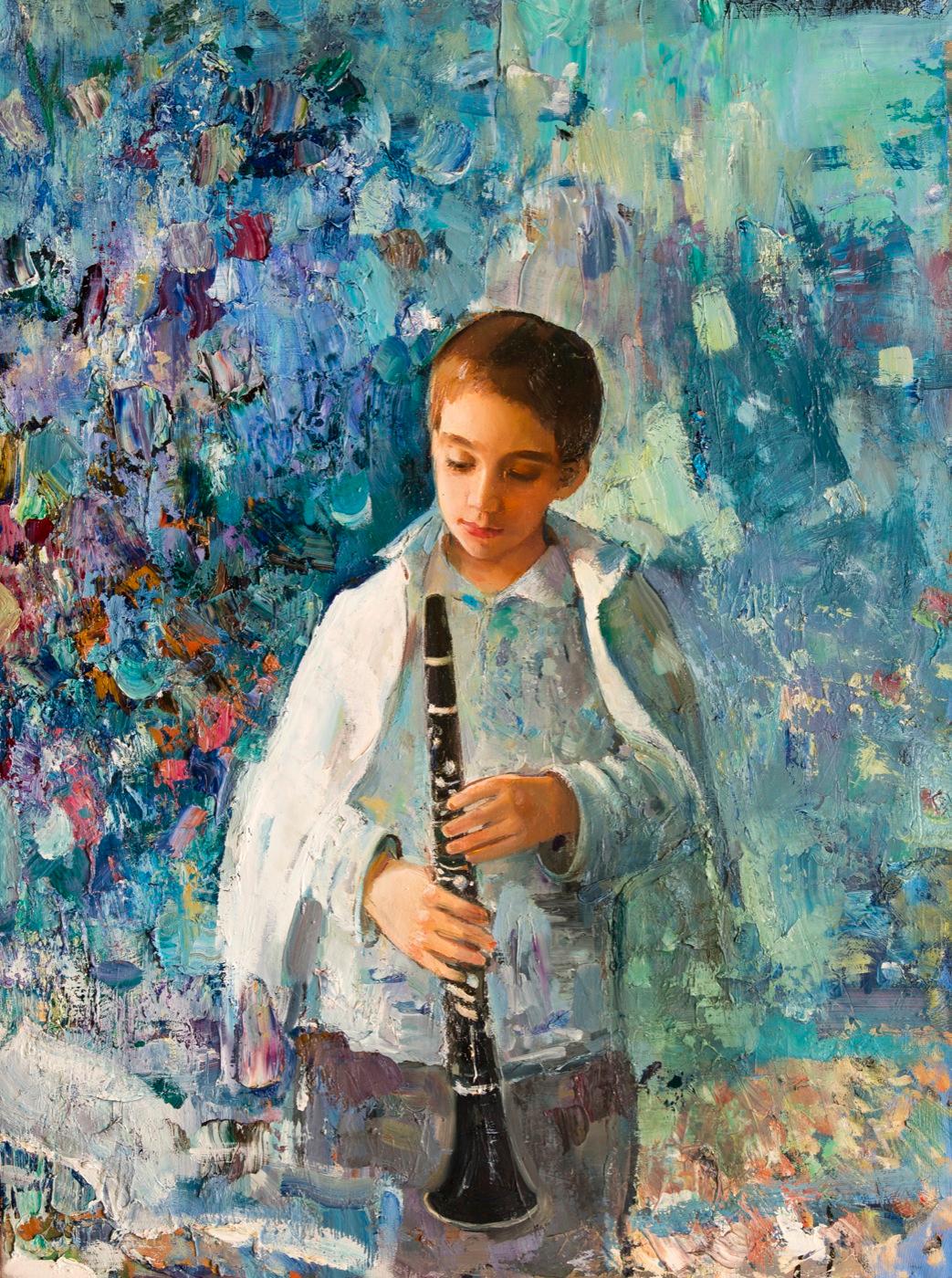 一个男孩与单簧管. Original modern art painting