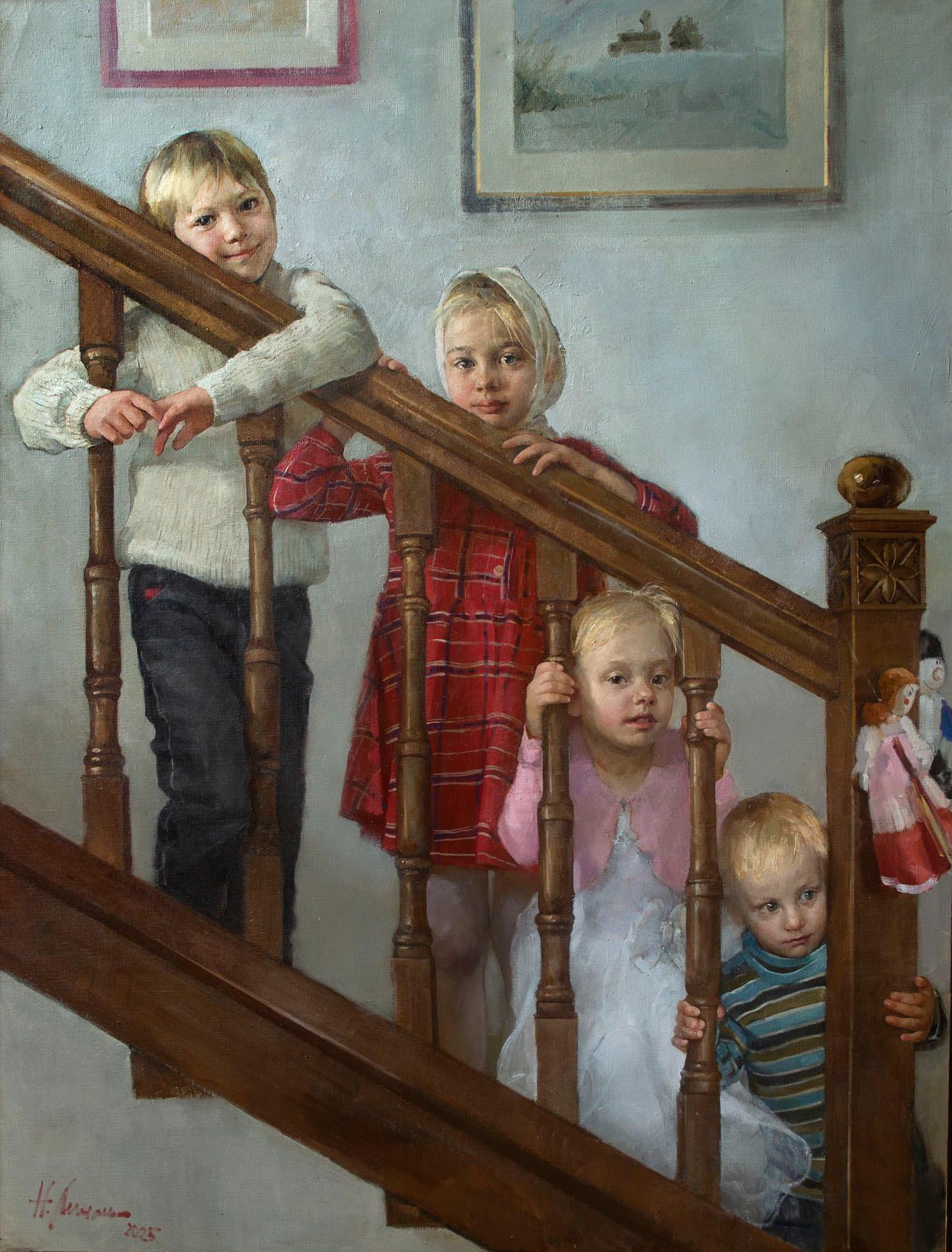 On the stairs. Original modern art painting