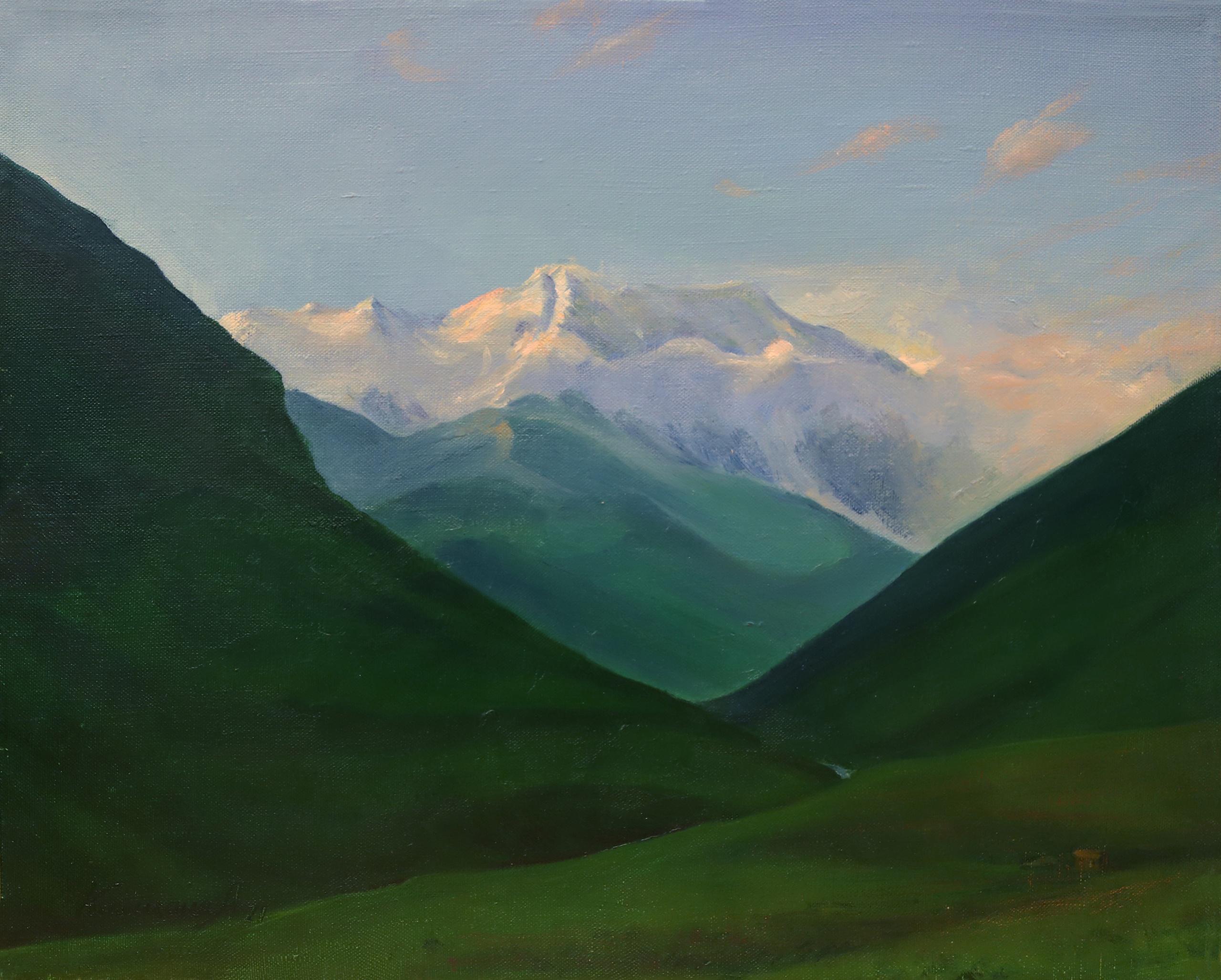 View of the mountains from the village of Ushguli. 2021. Original modern art painting