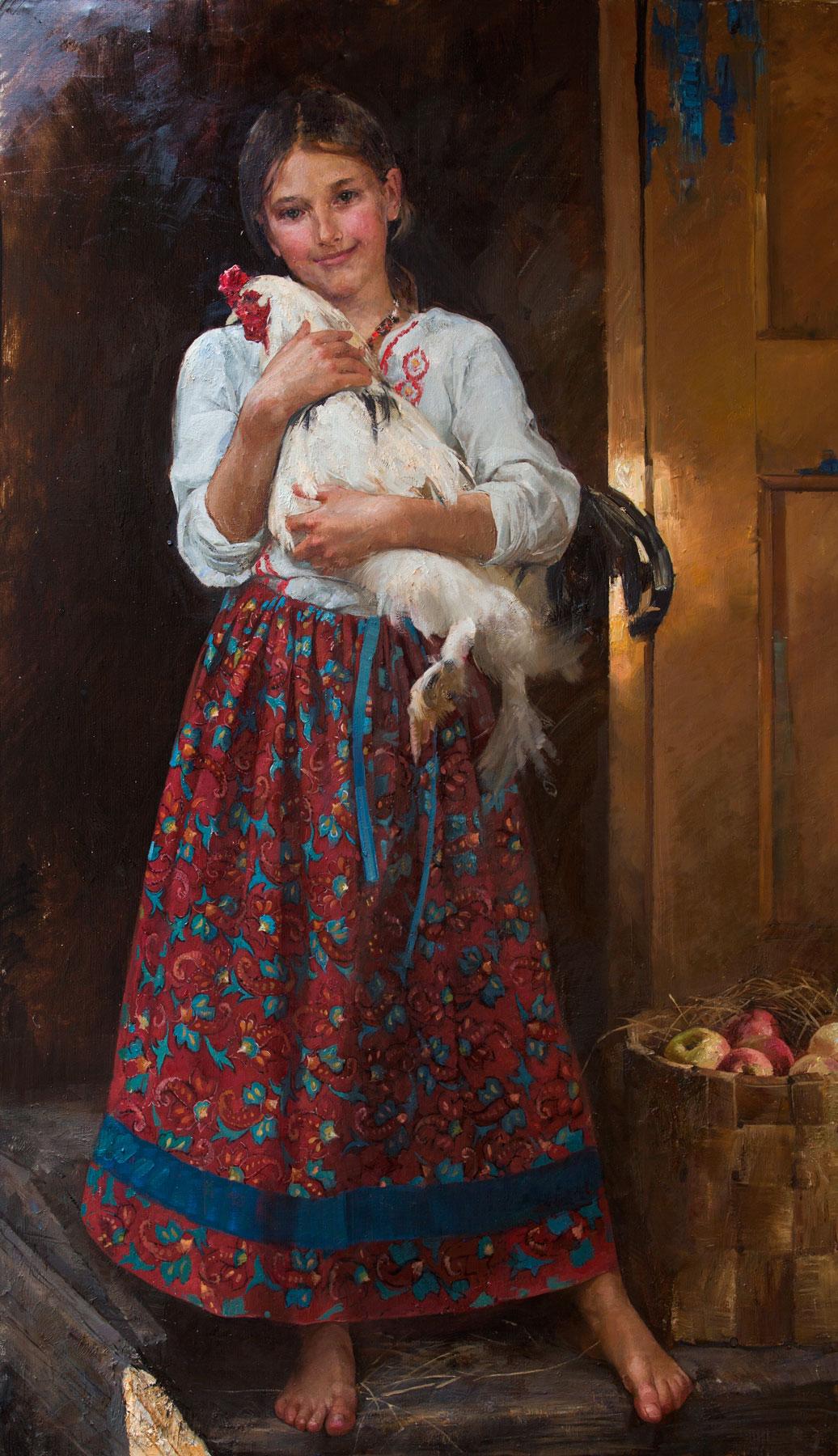 Girl with a cock. Original modern art painting