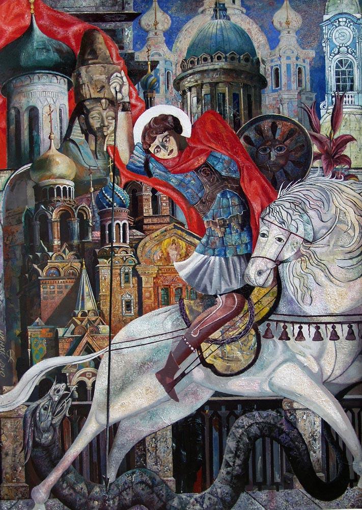 St. George Triumphant with St. Petersburg image as the background. Original modern art painting