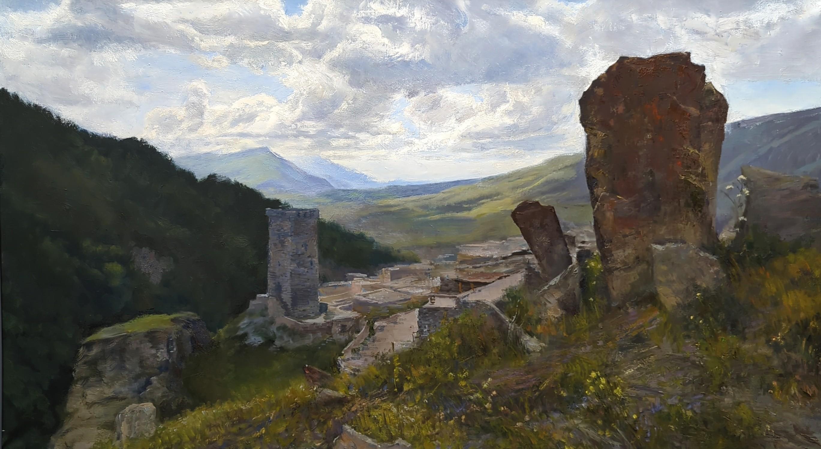 Muslim cemetery near the village of Khoy, Chechnya. Original modern art painting