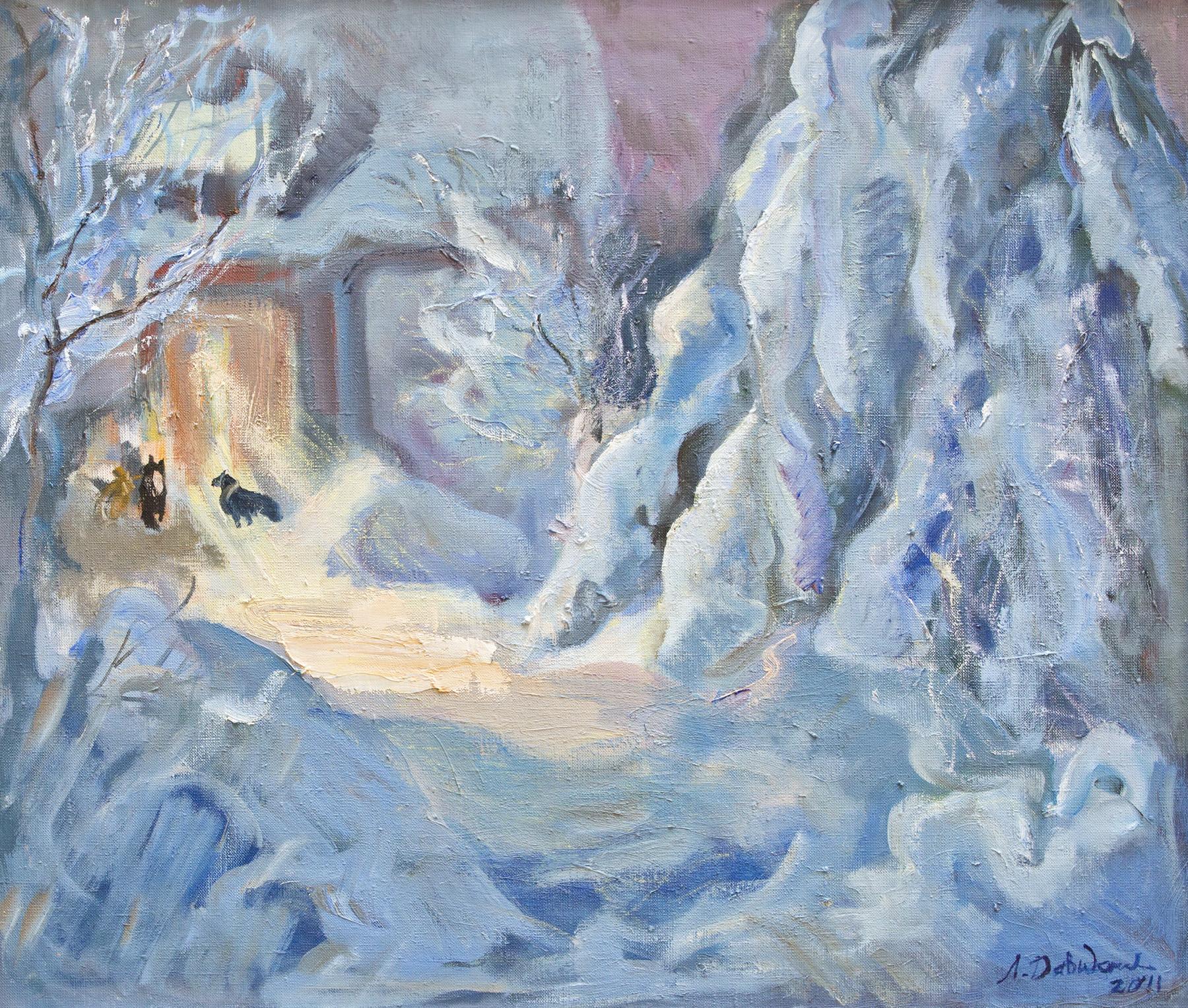 House in winter. Original modern art painting