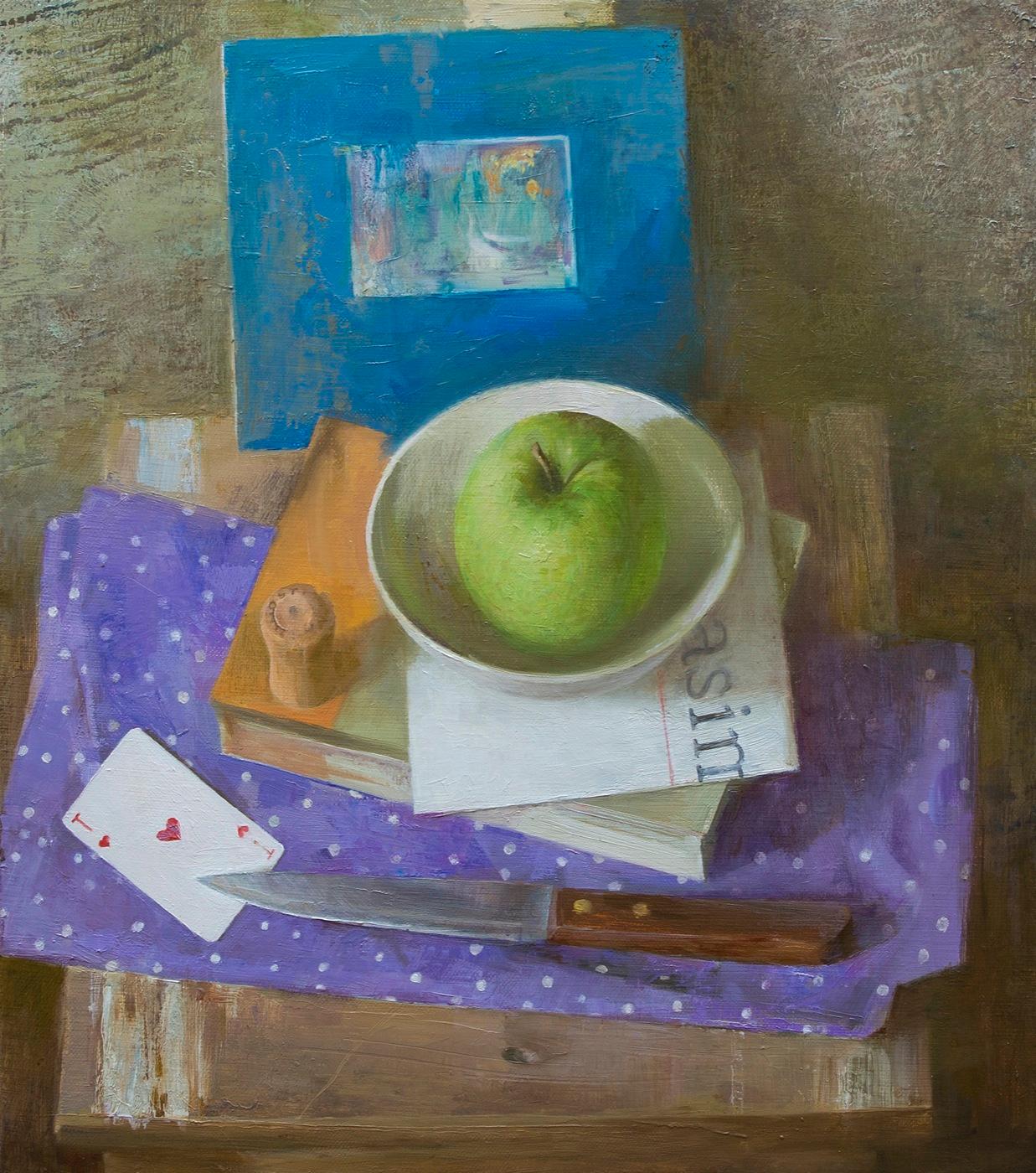 Still life with apple.. Original modern art painting