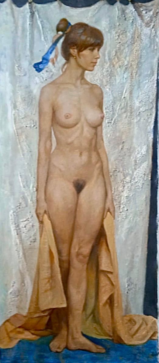 Nude with golden drapery. Original modern art painting