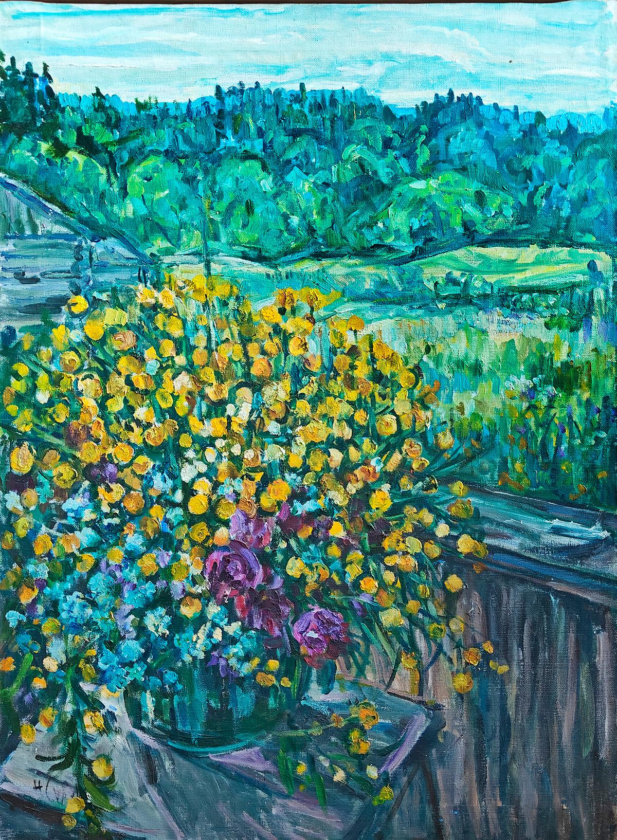 Лютики на крыльце  2001 г. Original modern art painting