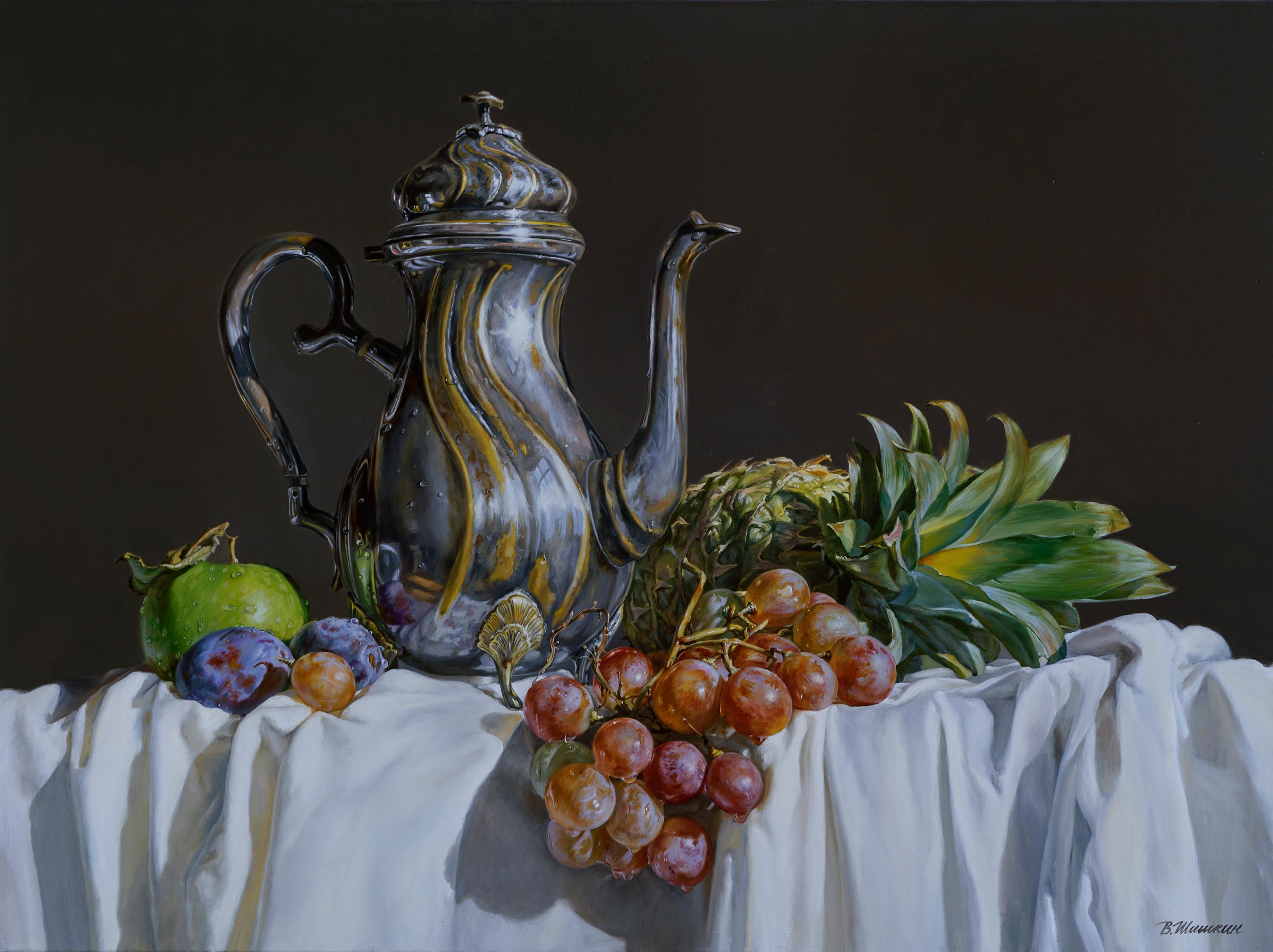 Kettle with fruits. Original modern art painting
