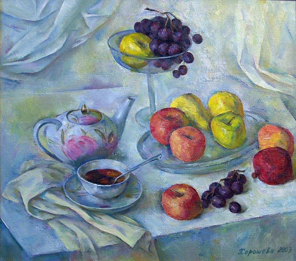 Fruits and tea. Original modern art painting