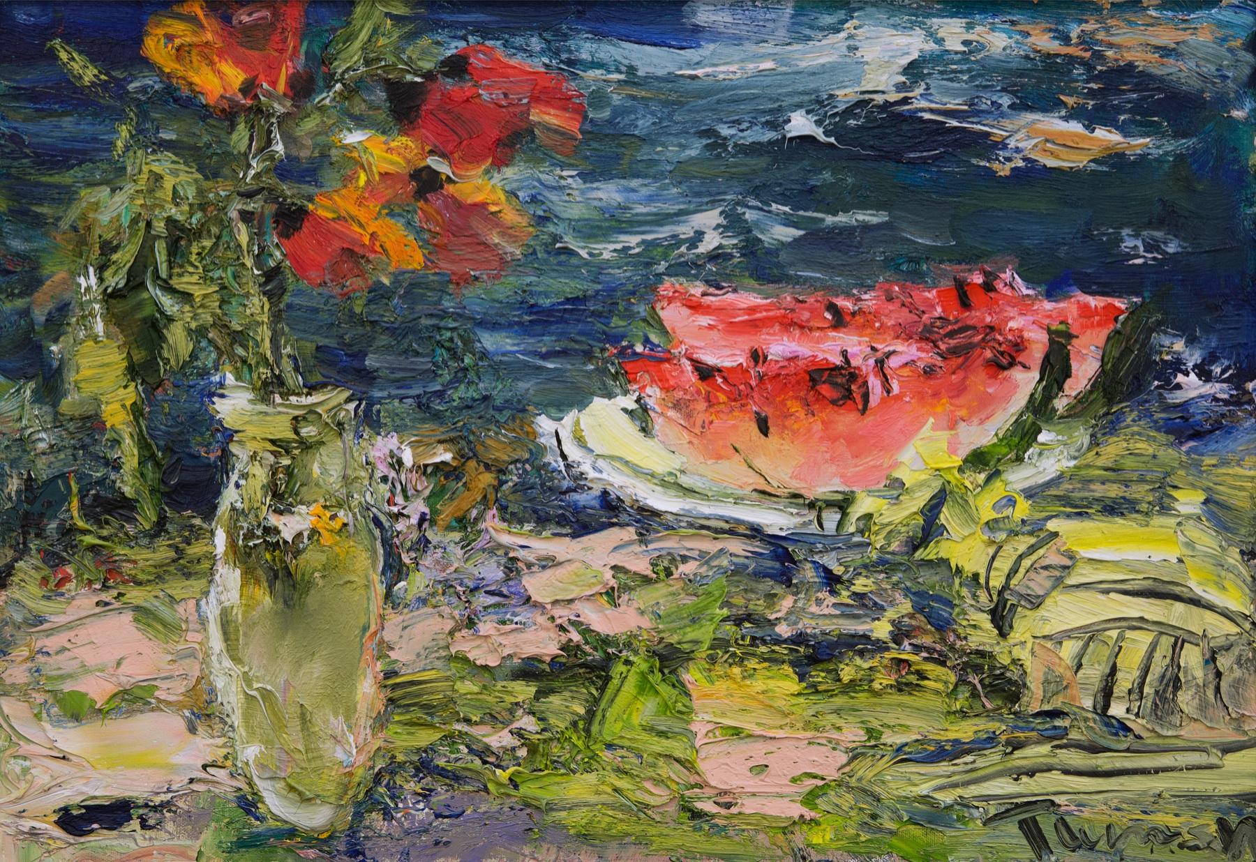 Flowers and watermelon. Original modern art painting