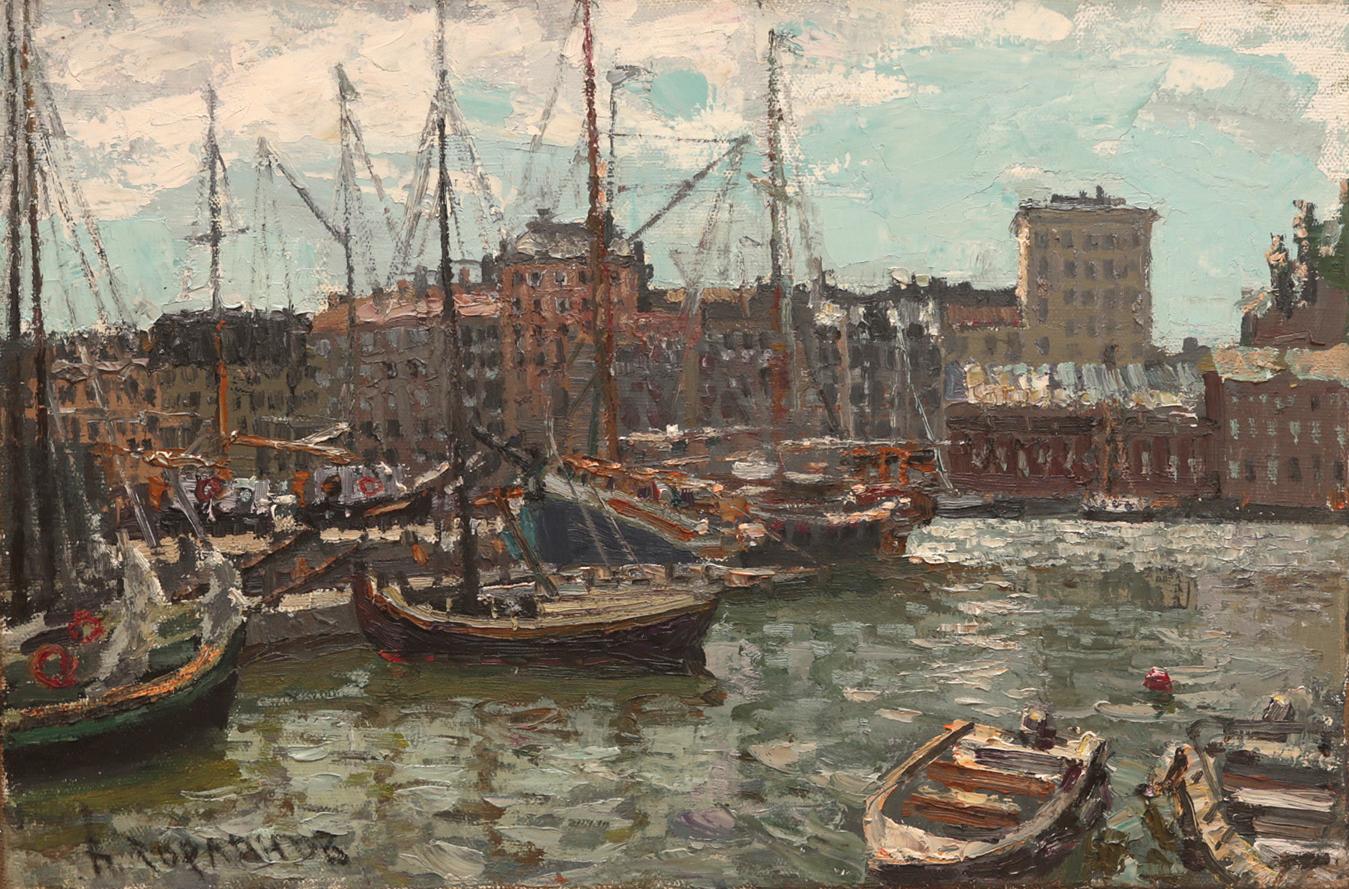 Boats in Helsinki. Original modern art painting