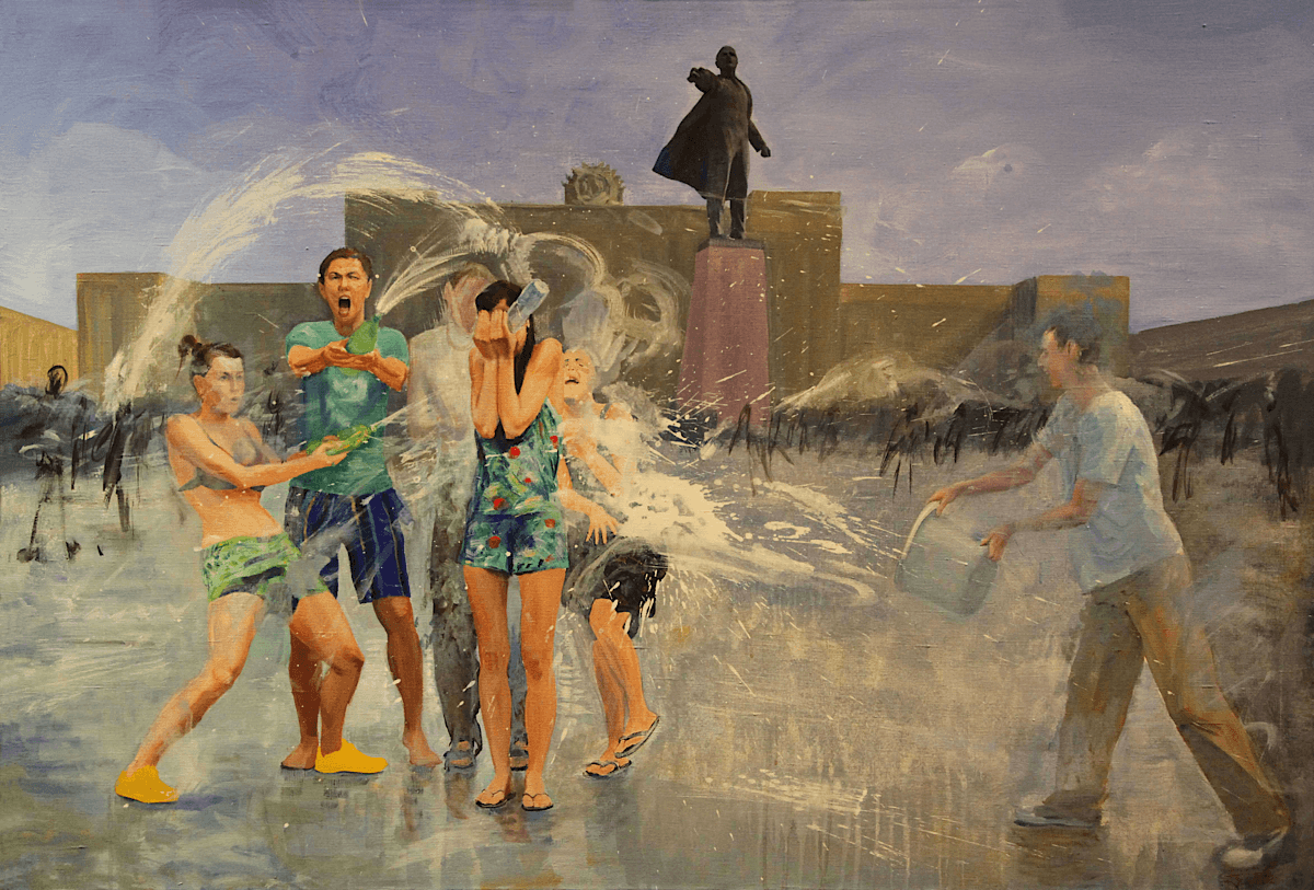 "Shooting". Work from the series "Water battles on Moscow Square". Original modern art painting