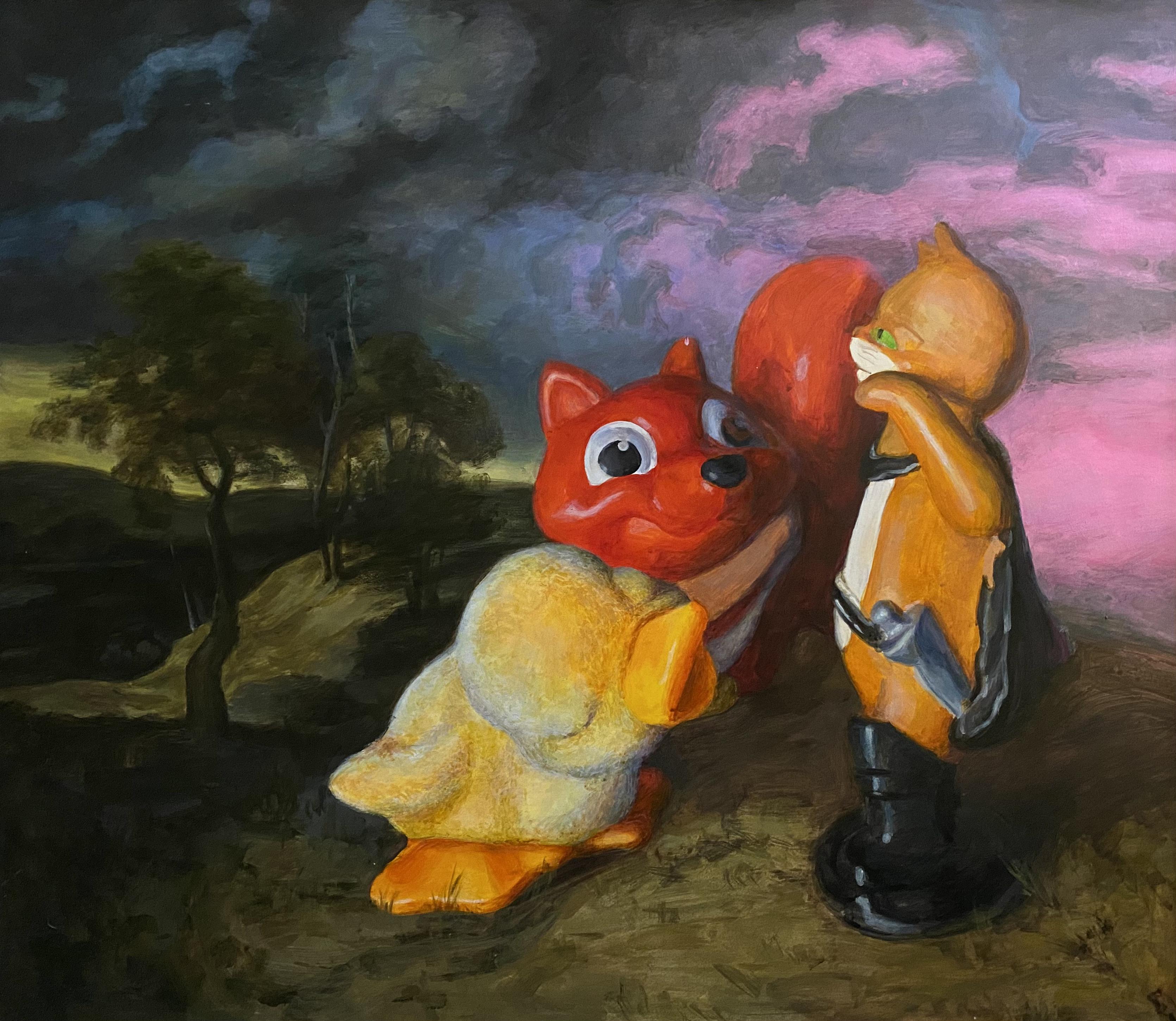 The cat and the fox. Original modern art painting