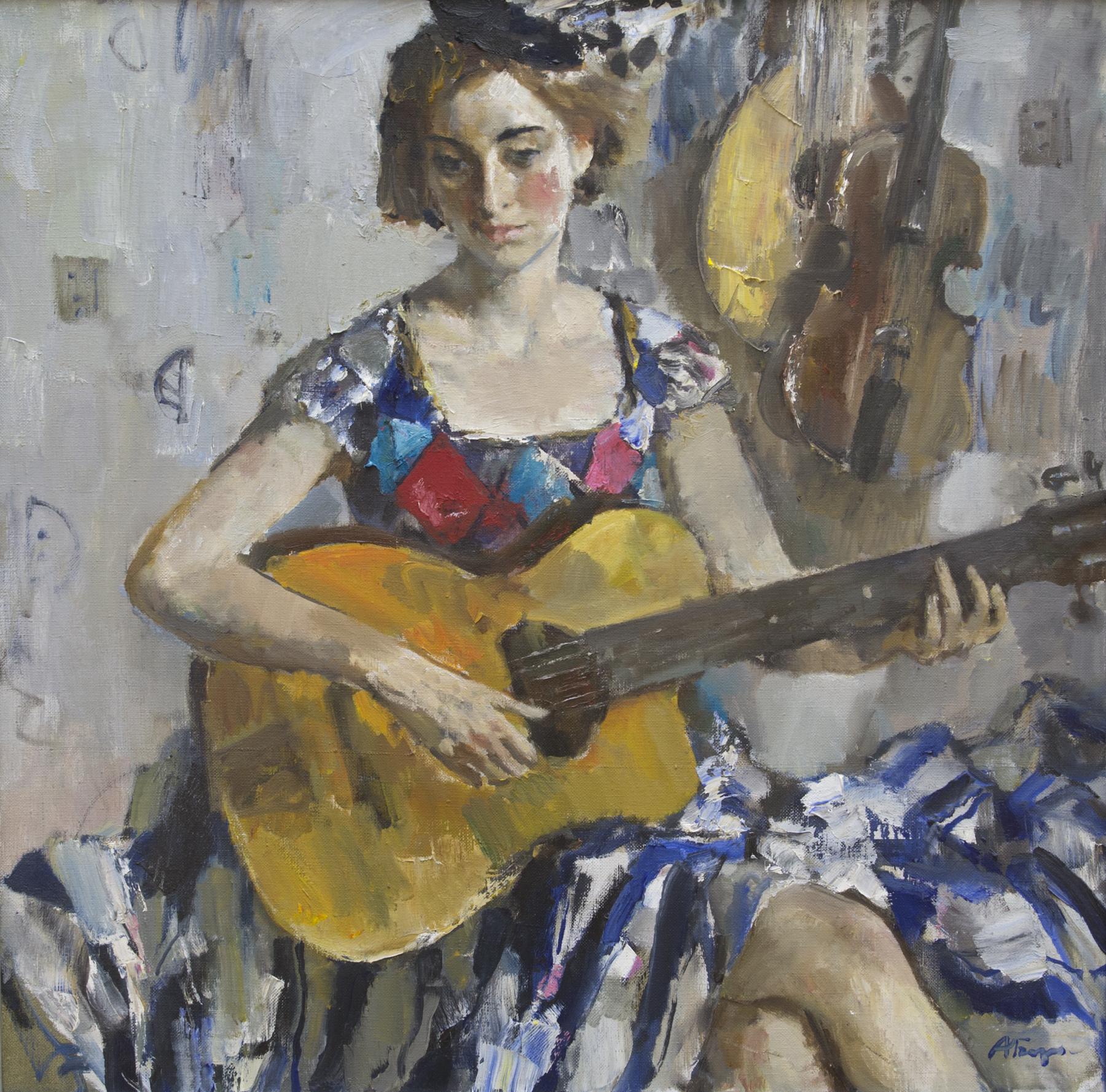 Girl with guitar. Original modern art painting