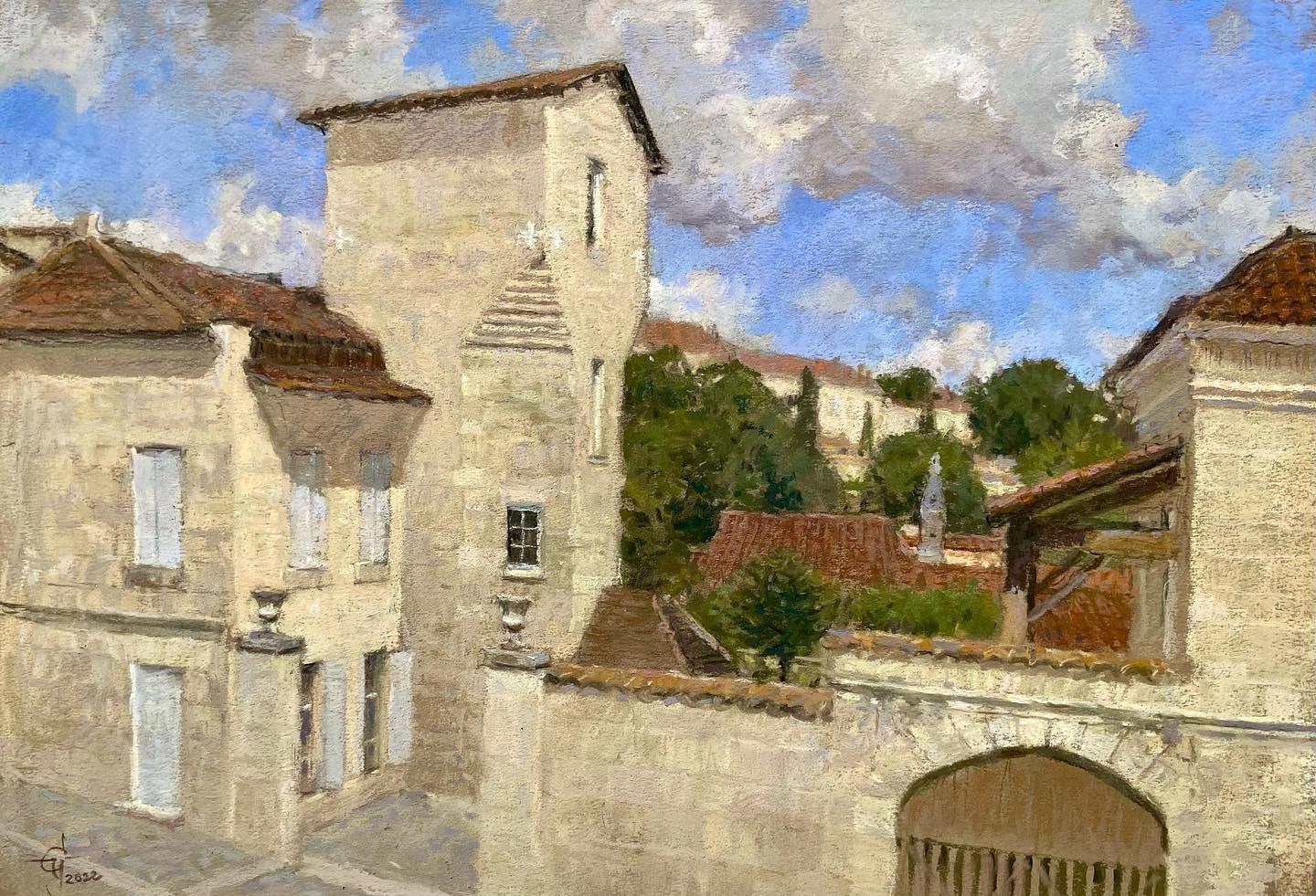 Monastery XI century, Aubeterie, France,. Original modern art painting