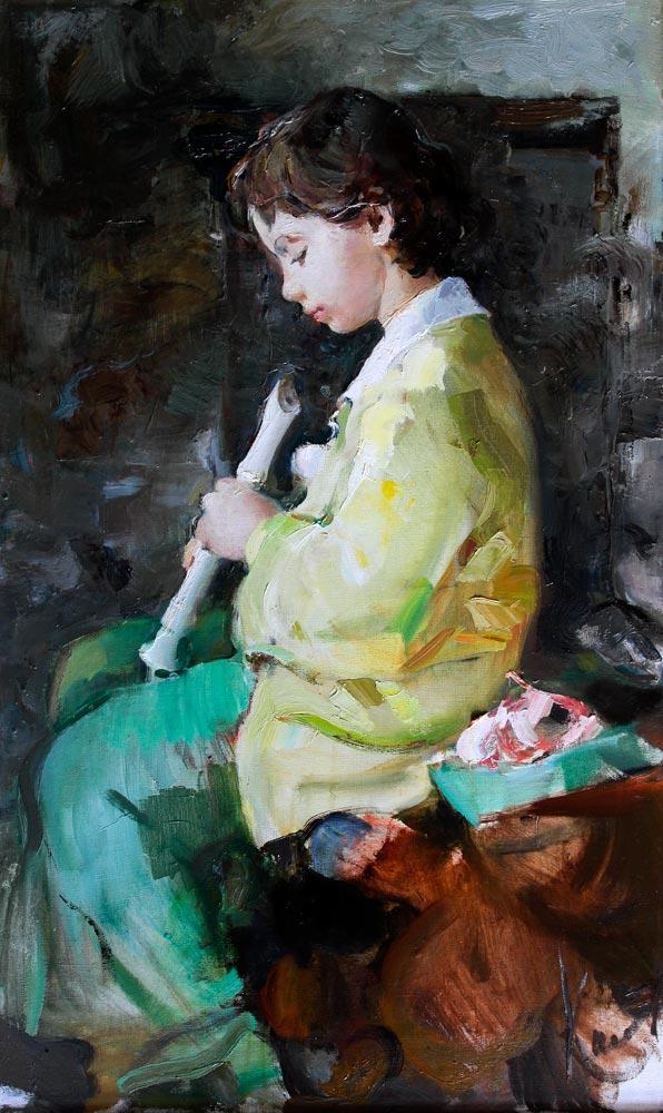 Boy with a flute. Original modern art painting