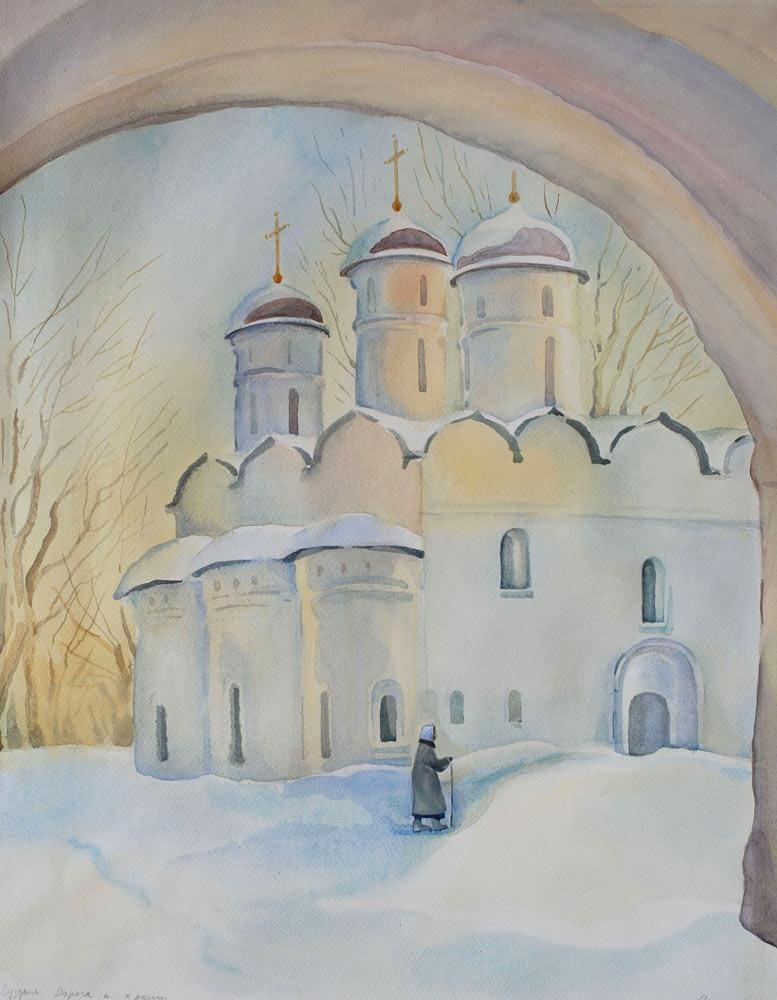 путь в церковь. Original modern art painting