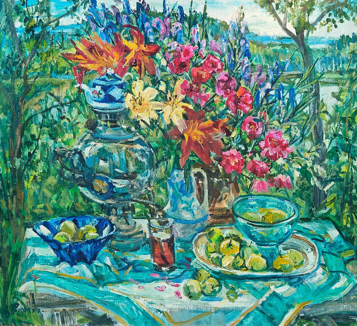 Красные цветы и самовар 2006 г . Original modern art painting