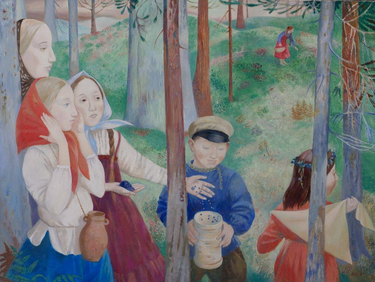 Children in a forest. Original modern art painting