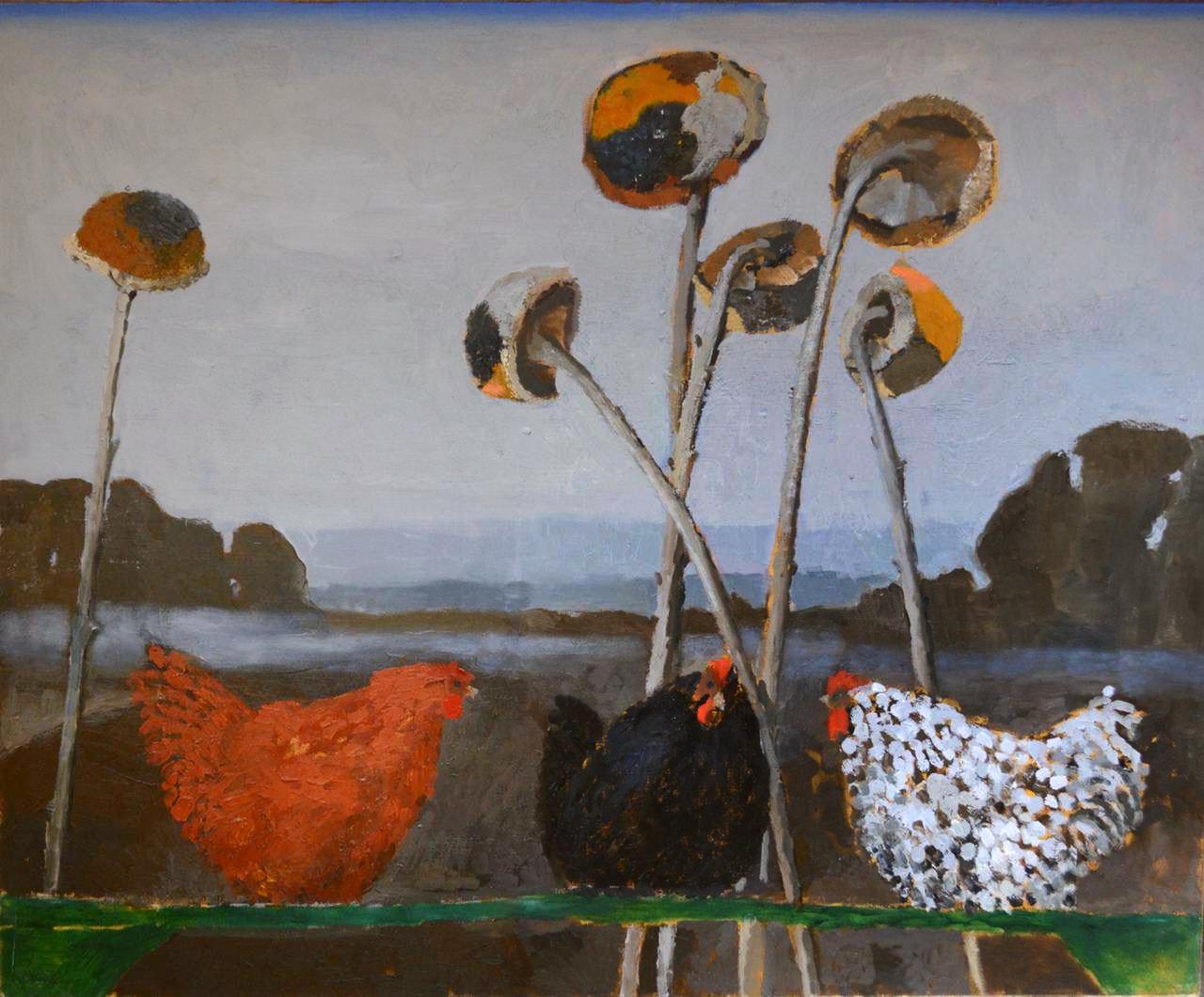 Chickens. Evening . Original modern art painting