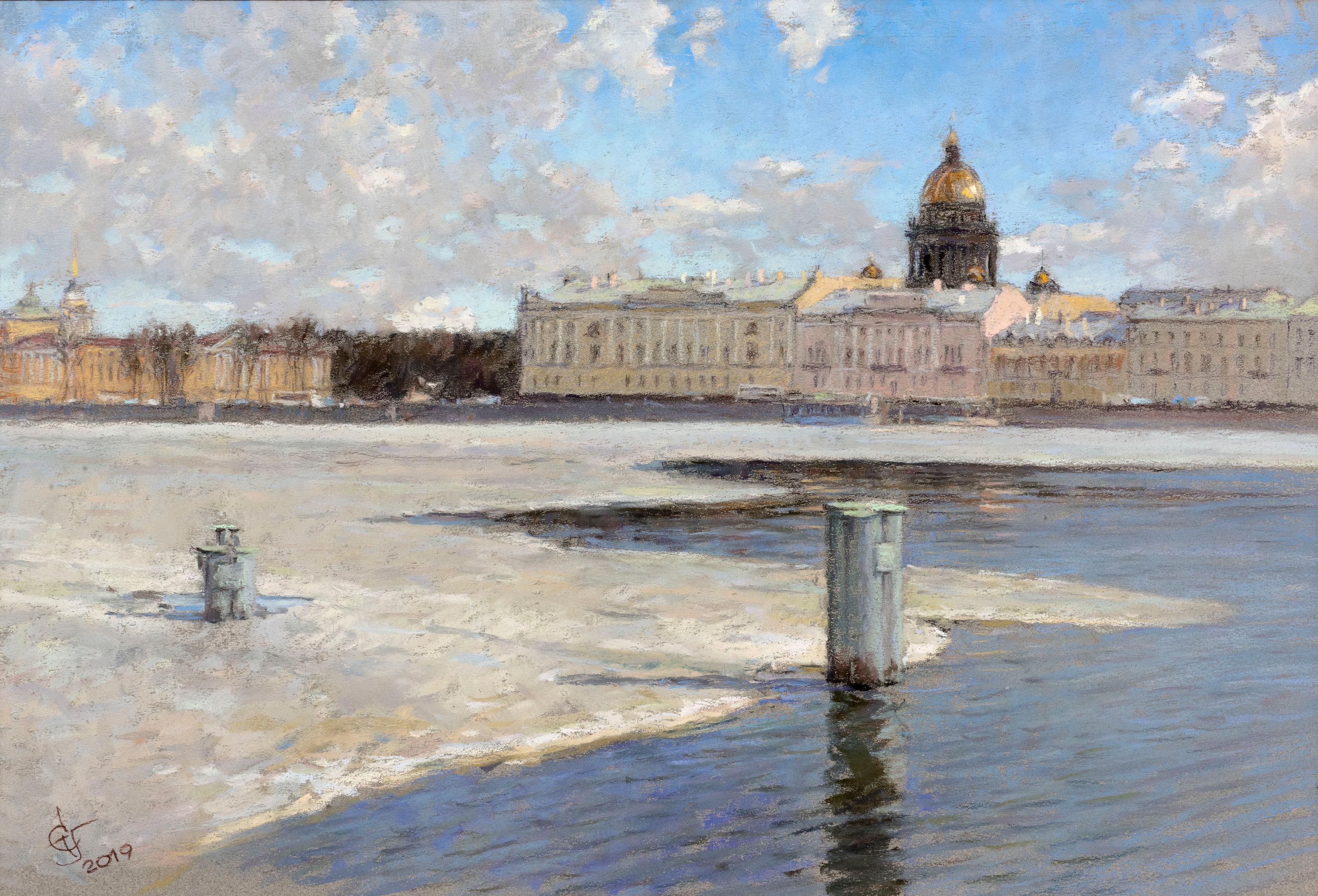 Spring. Neva river. Original modern art painting