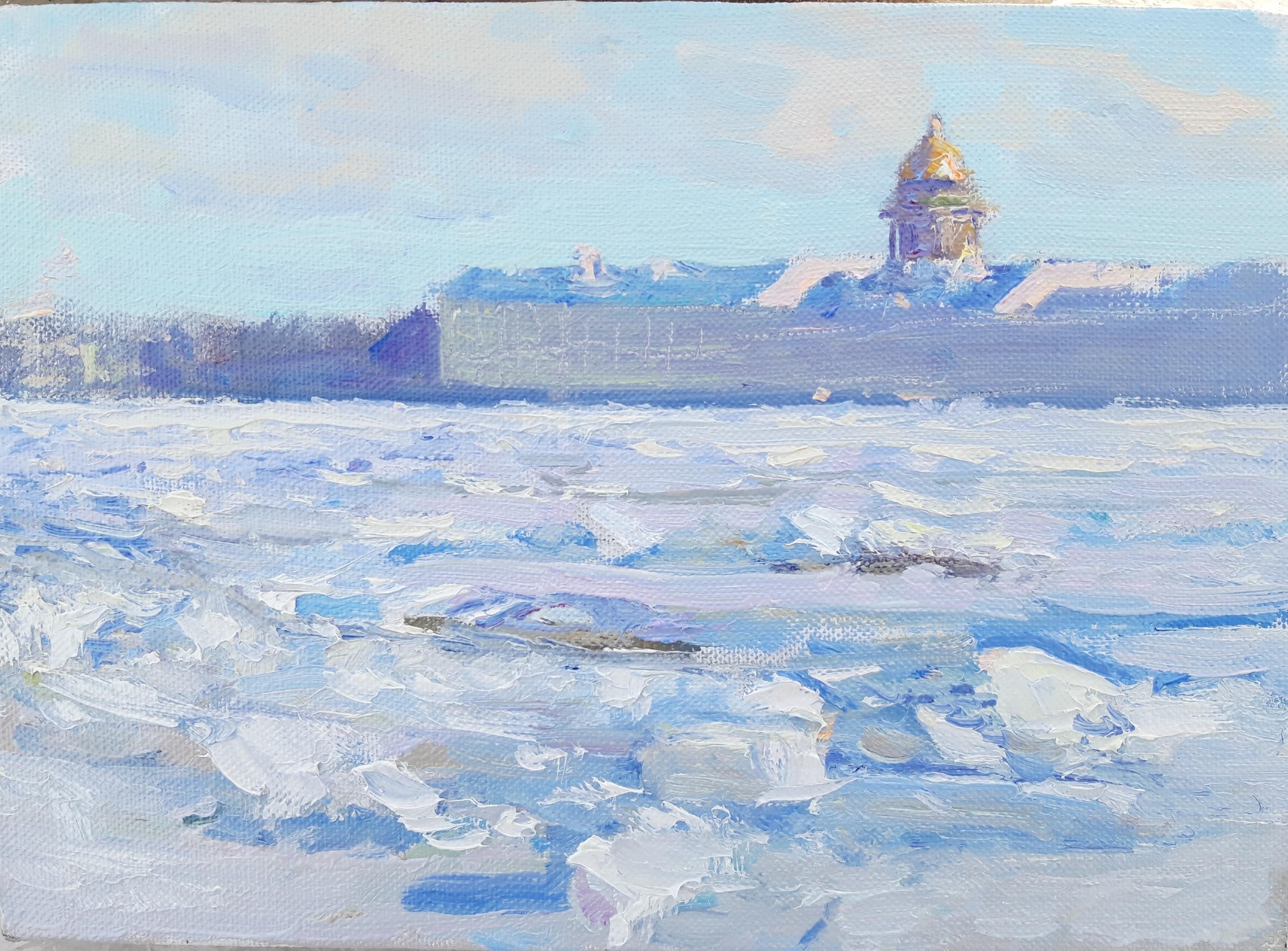 Neva River under ice. Original modern art painting