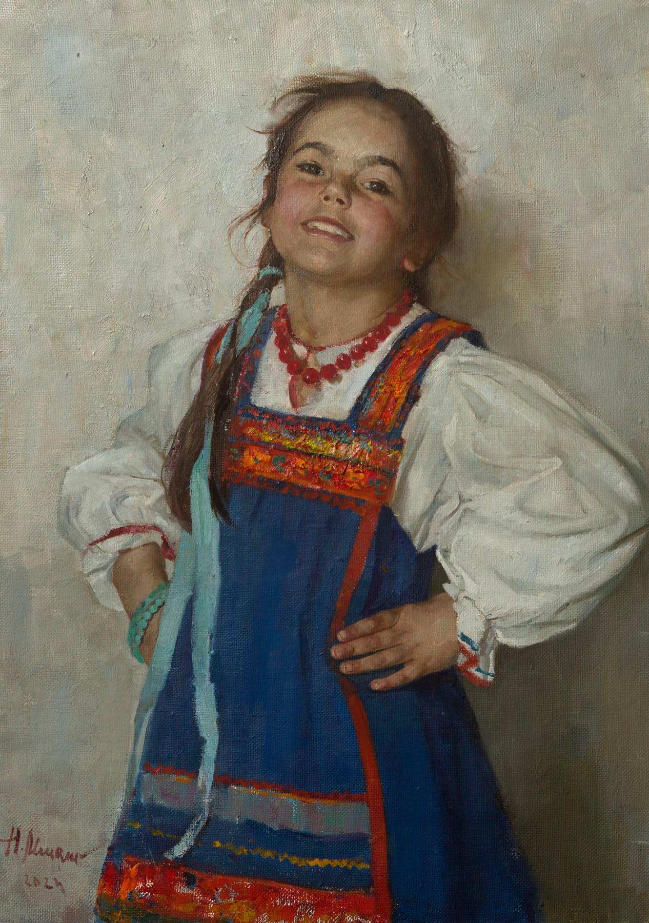 Smiling girl. Original modern art painting