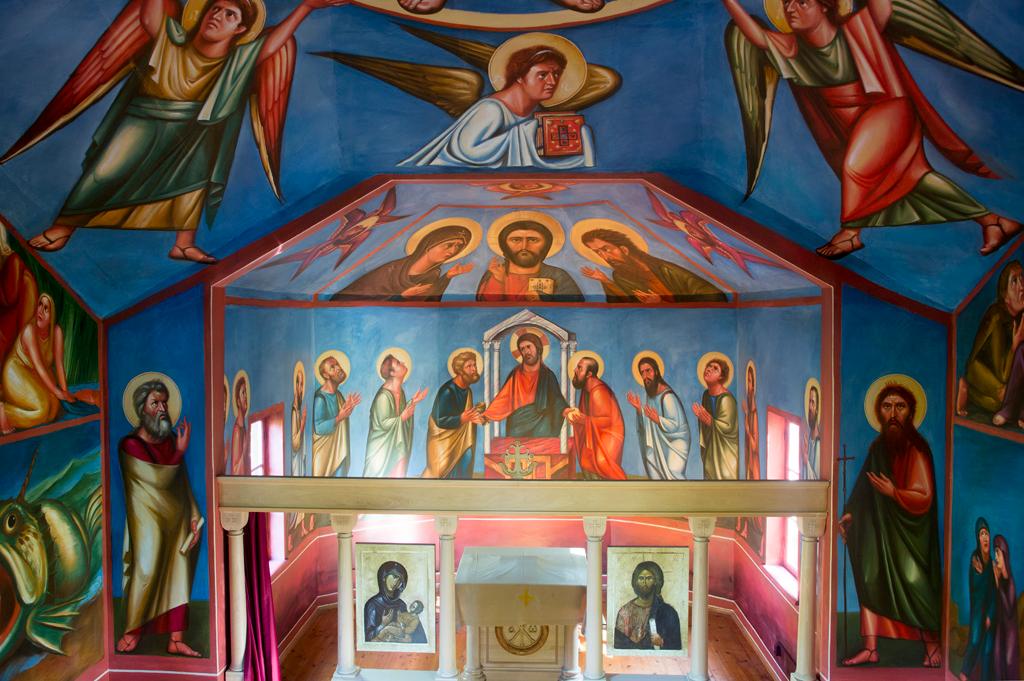 Wall painting in church of John the Baptist in the village of Nativity. Pushkin mountains region. Original modern art painting