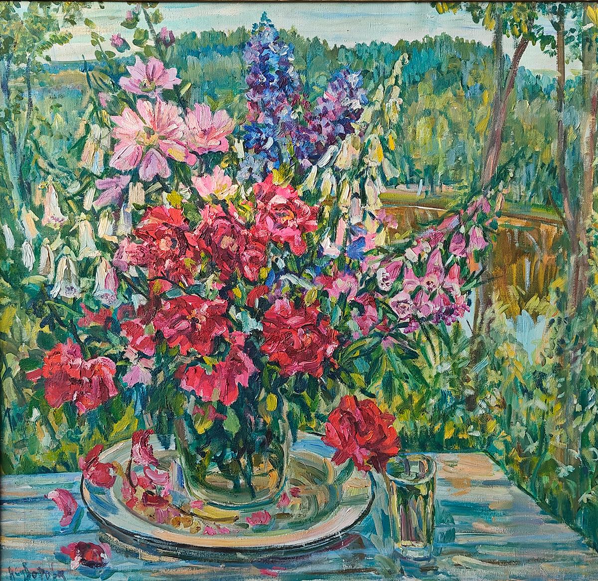 Натюрморт у озера, Красные розы  2005 г. Original modern art painting