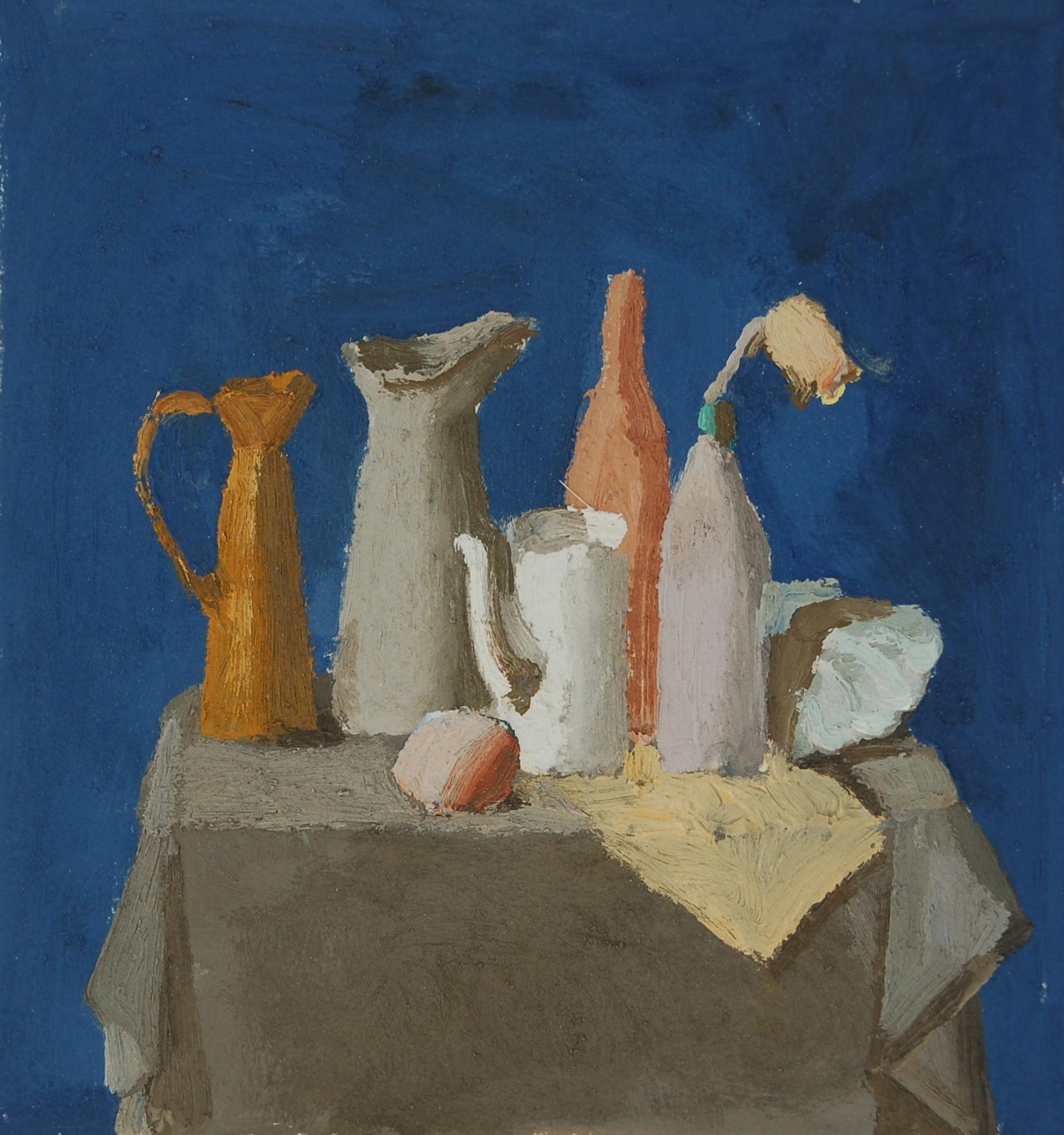 Still life on the blue background. Original modern art painting